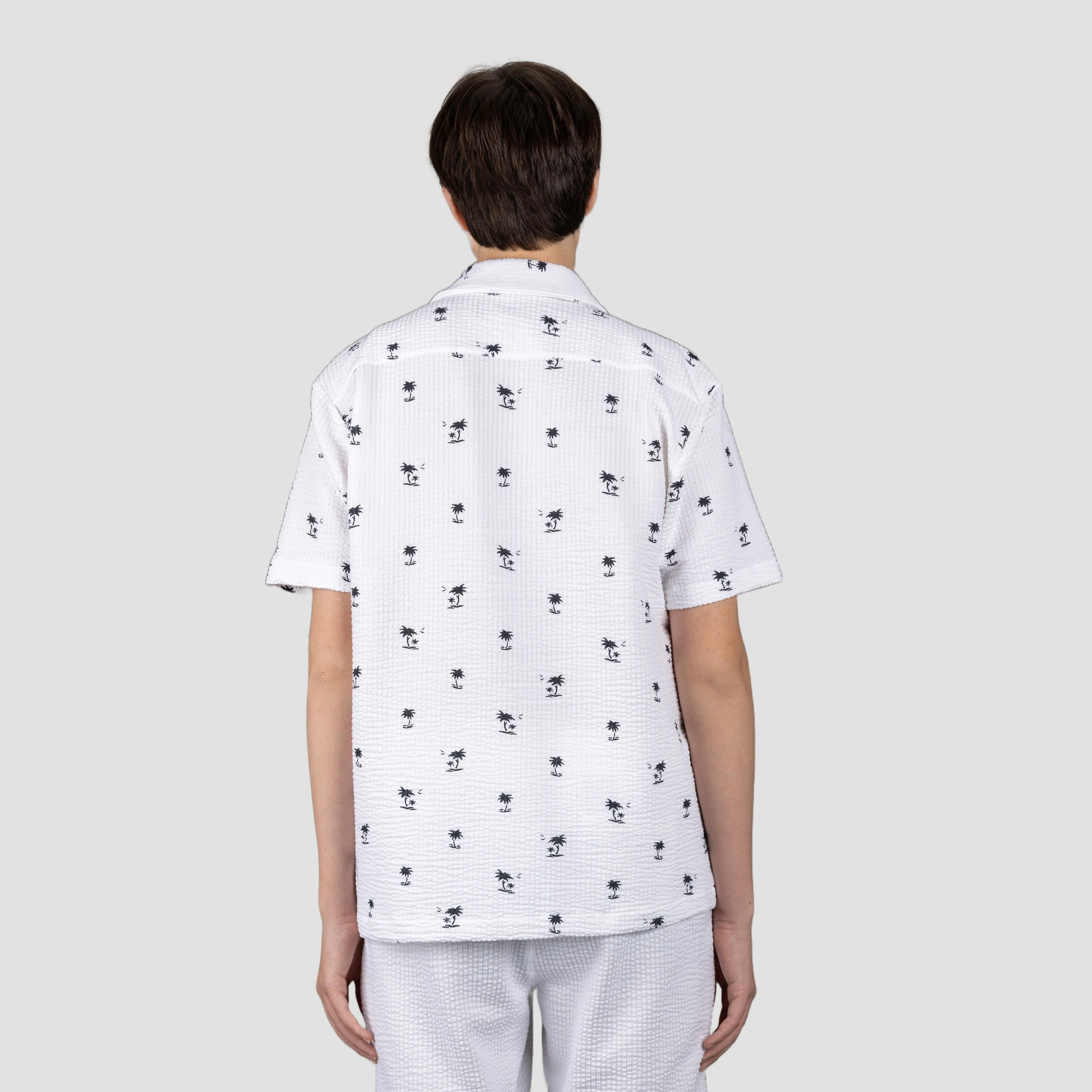 Mens Cool Knit Seersucker Camp Shirt - White / Palm Tree