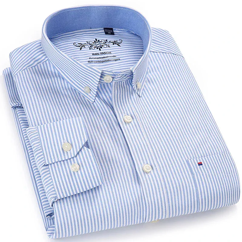Men's Long Sleeve Oxford Plaid Striped Casual Shirt Front Patch Chest Pocket Regular-fit Button-down Collar Thick Work Shirts