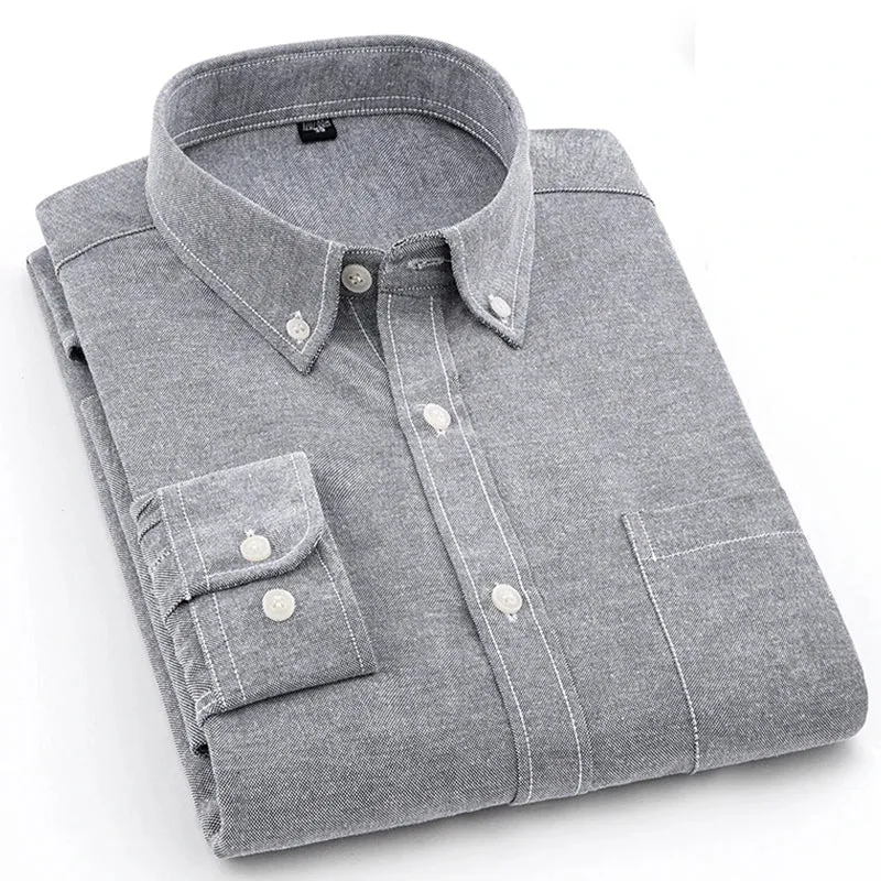 Men's Shirt Oxford Cotton Fabric Shirt Long Sleeve Solid Color Polo Neck Shirt Business Casual Fit Top