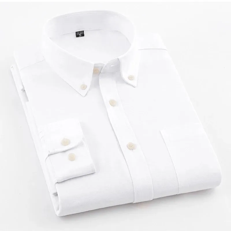 Men's Shirt Oxford Cotton Fabric Shirt Long Sleeve Solid Color Polo Neck Shirt Business Casual Fit Top