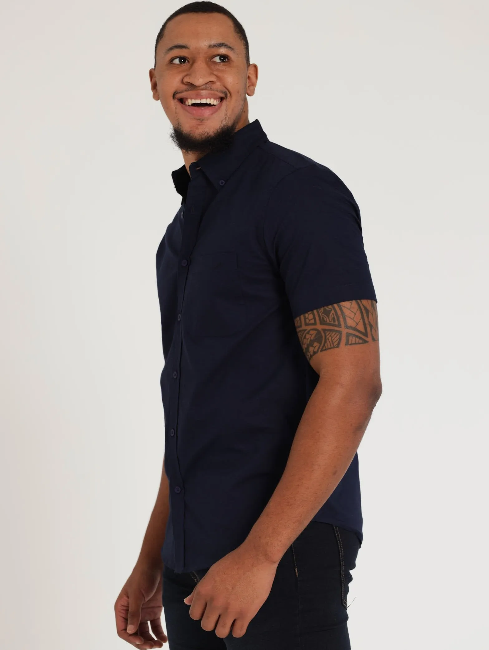 Men's Short Sleeve Plain Cotton Oxford Shirt - Navy
