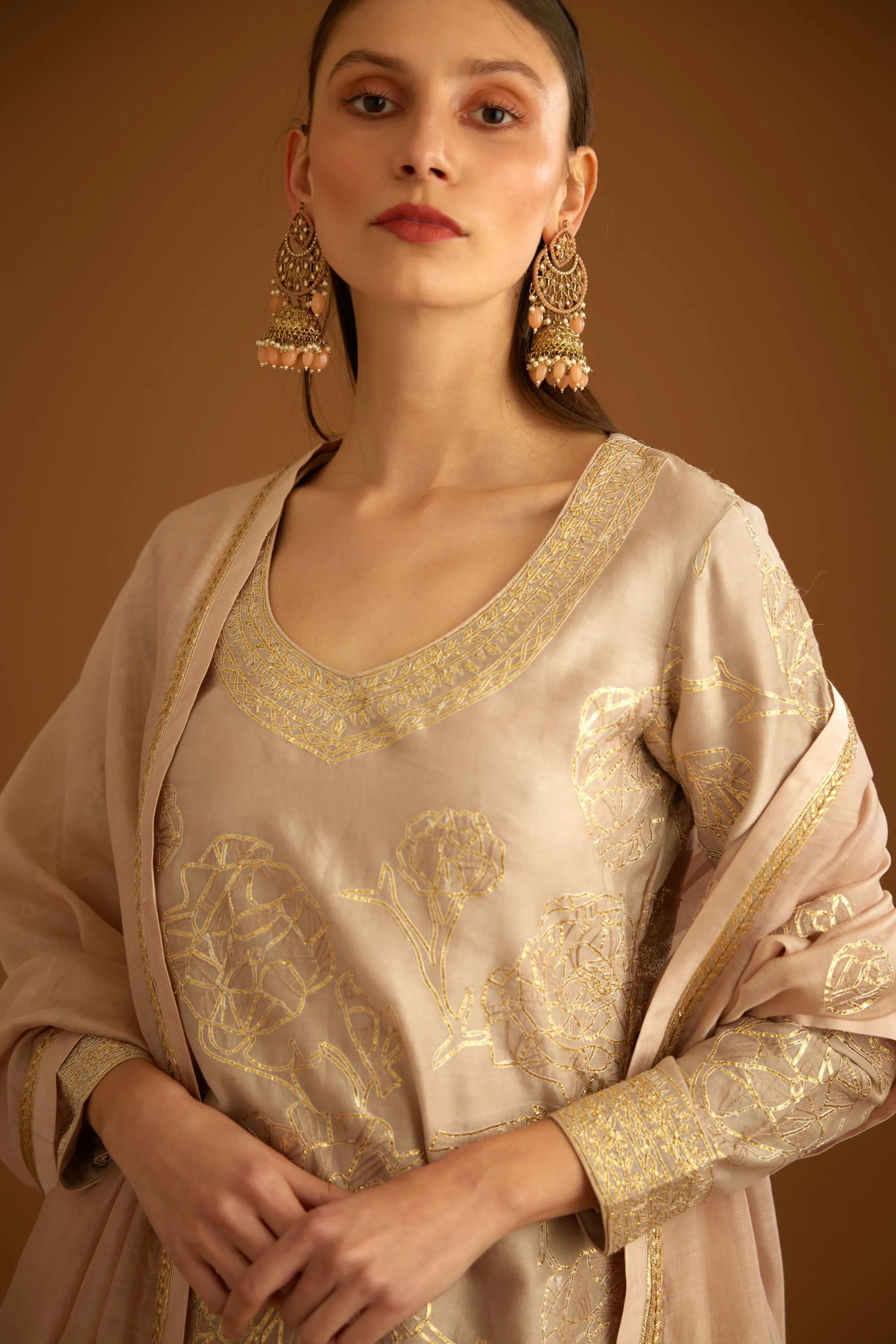 Neutral embroidered sharara set