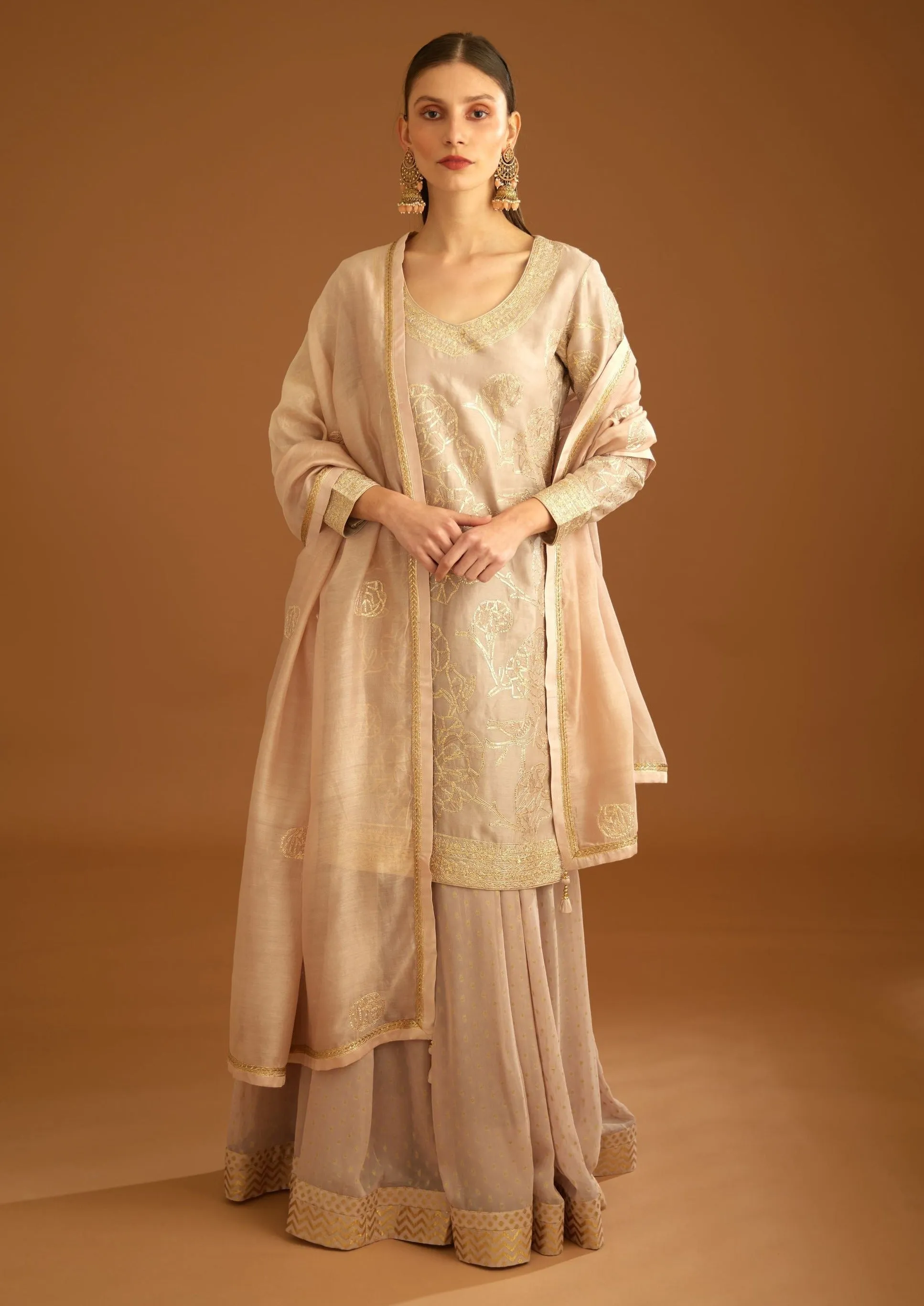 Neutral embroidered sharara set