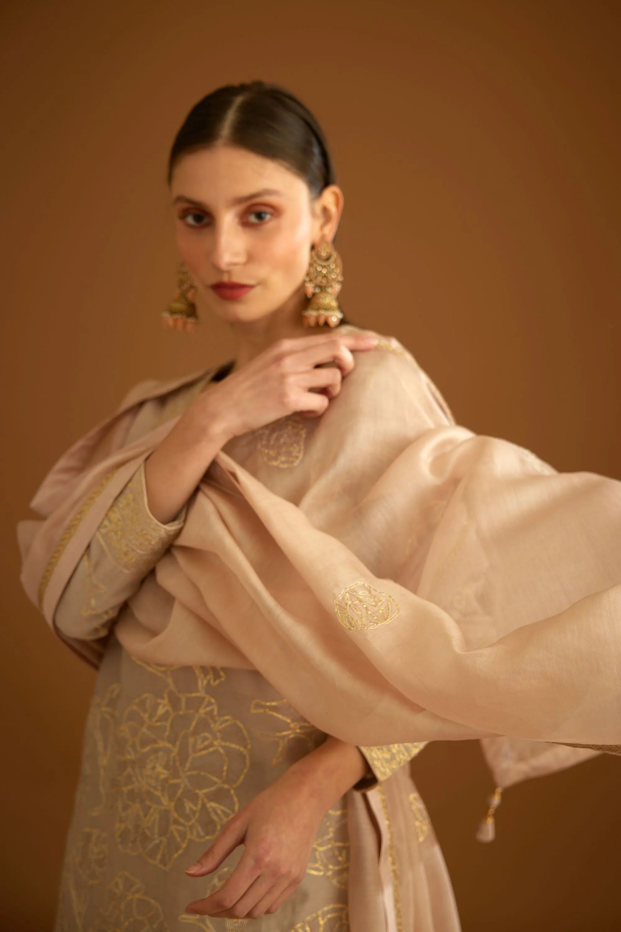Neutral embroidered sharara set