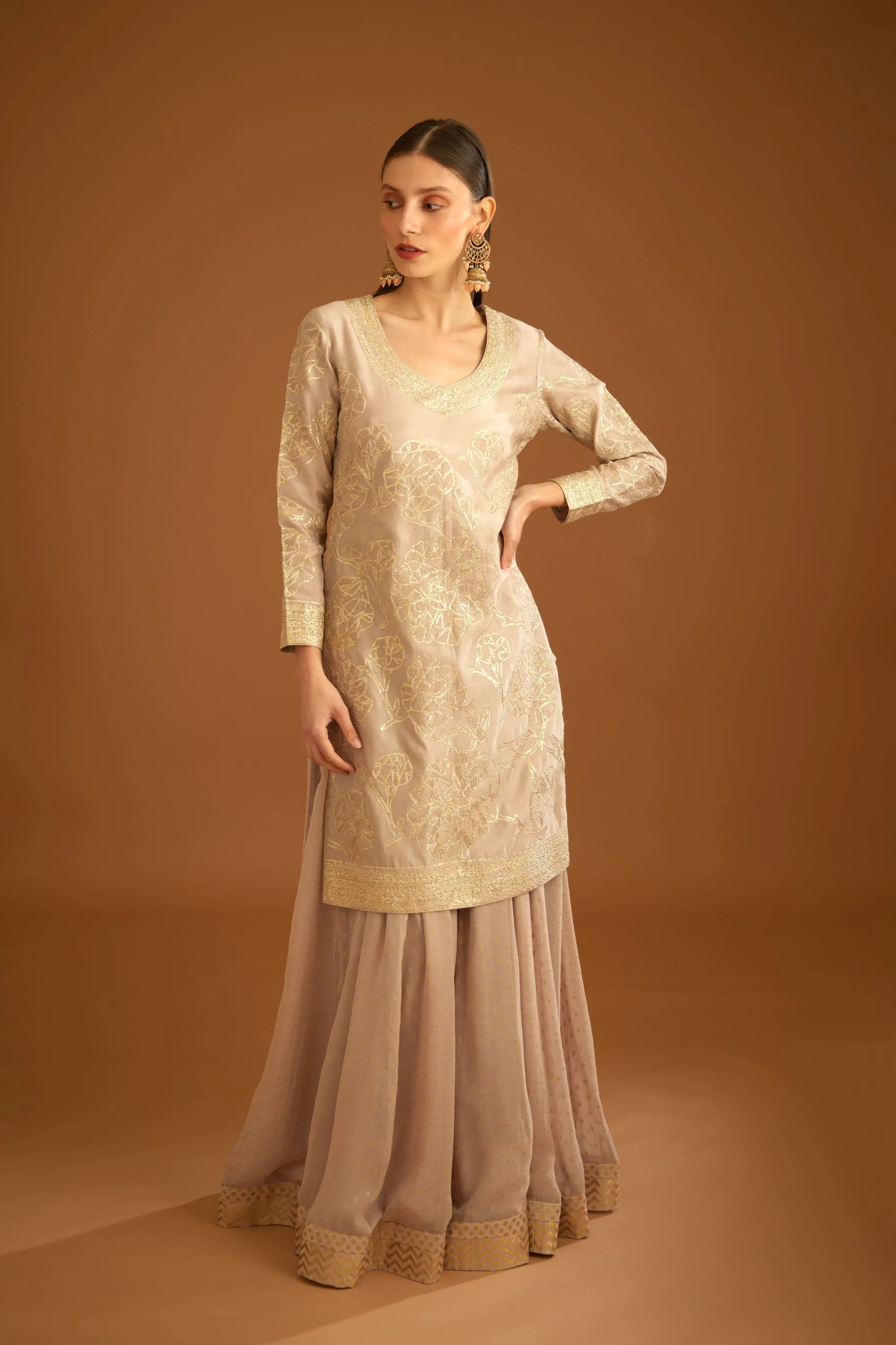Neutral embroidered sharara set