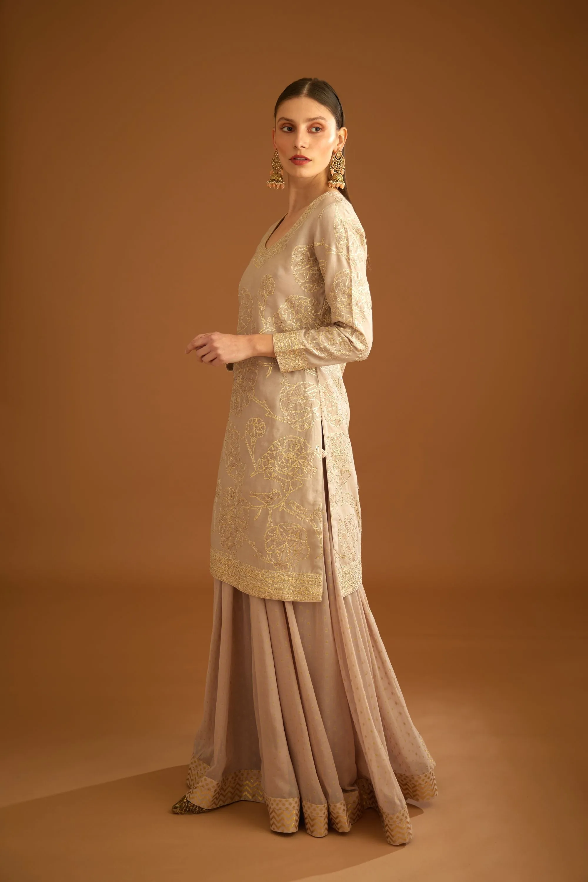 Neutral embroidered sharara set