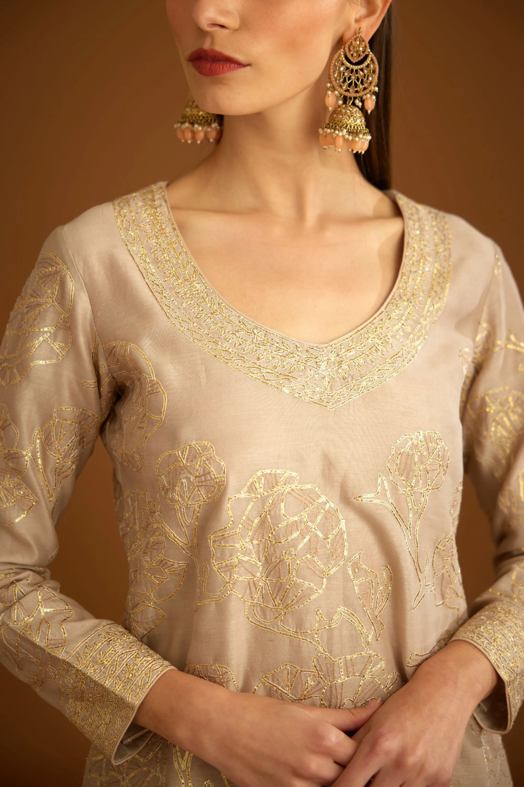 Neutral embroidered sharara set