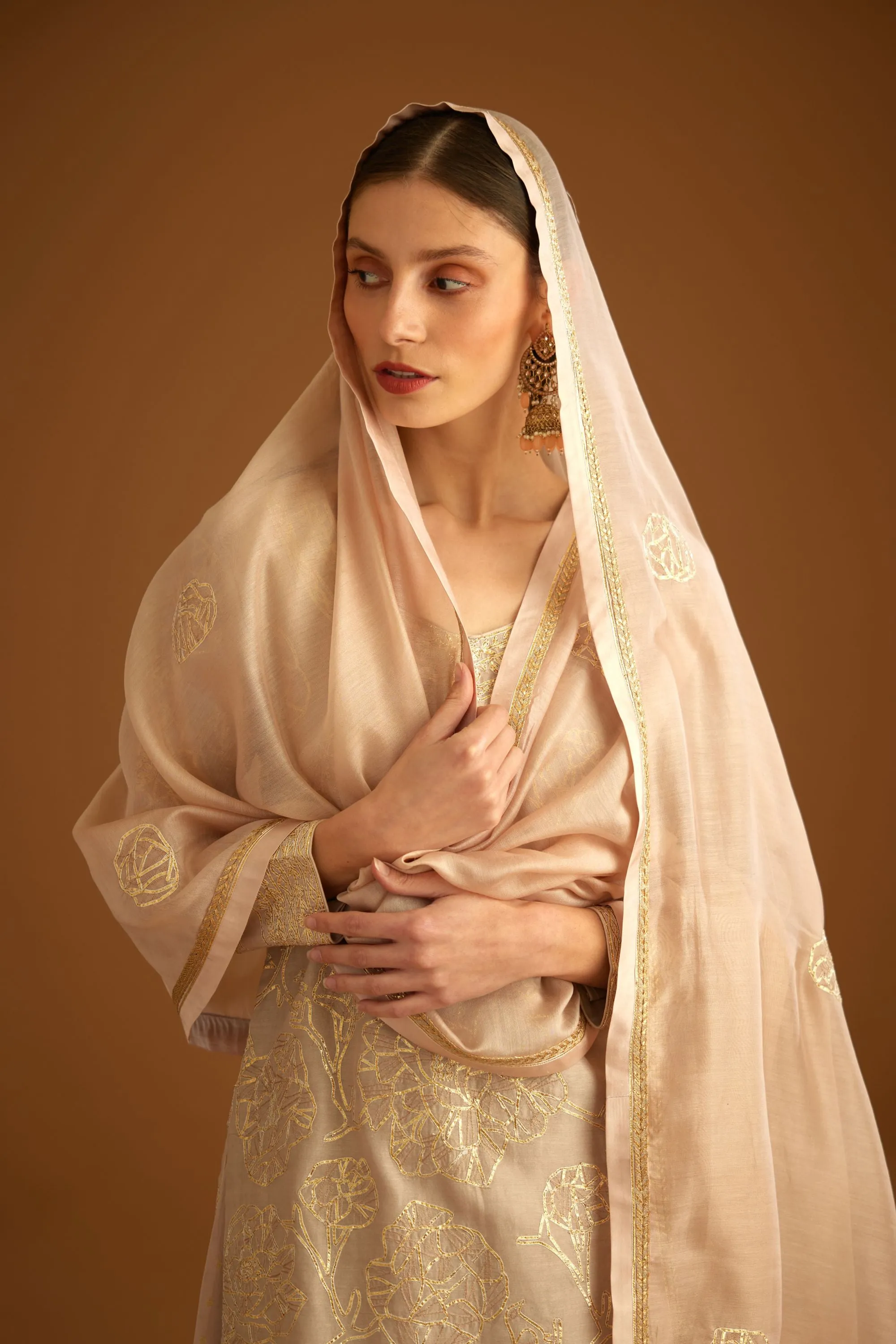 Neutral embroidered sharara set