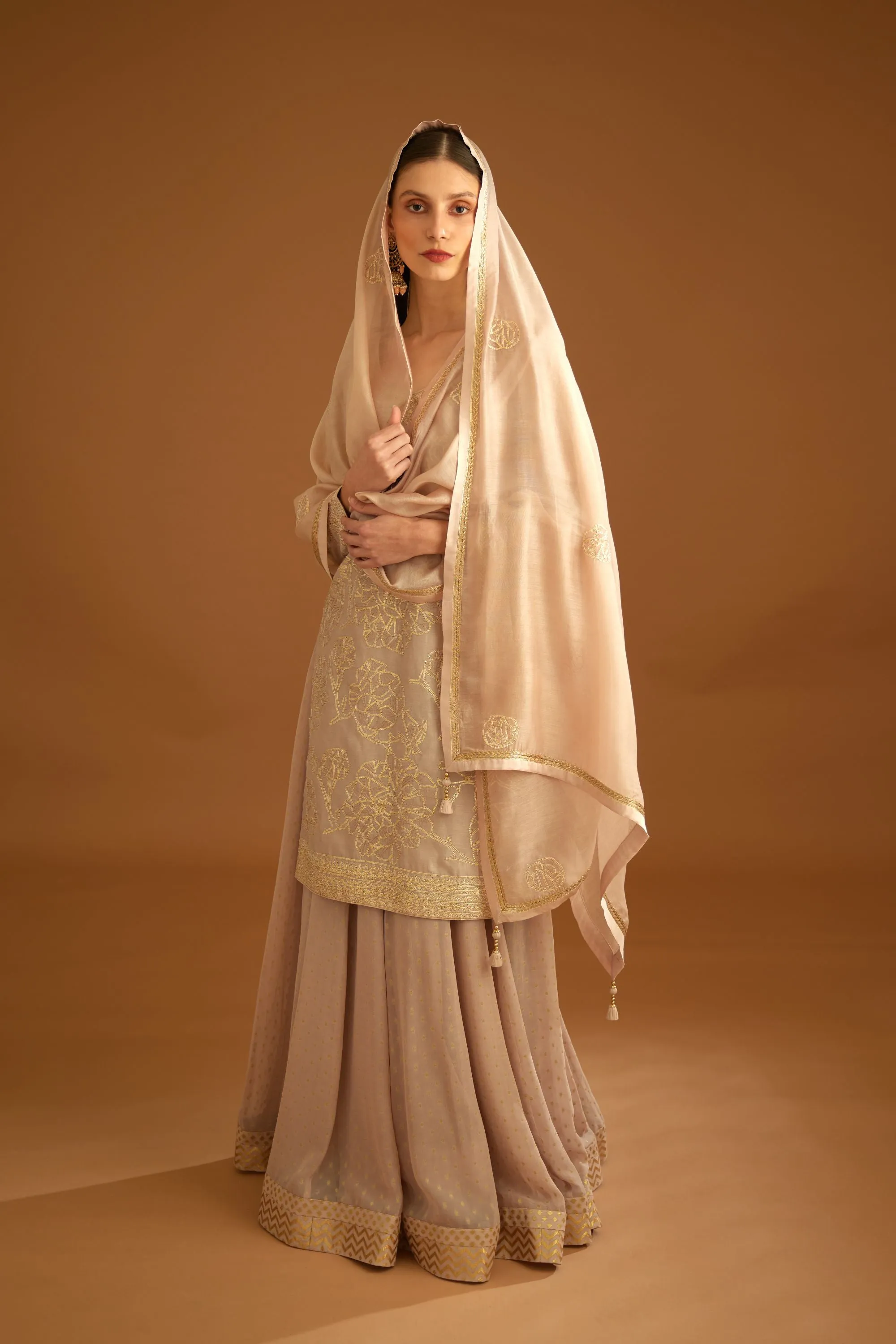 Neutral embroidered sharara set