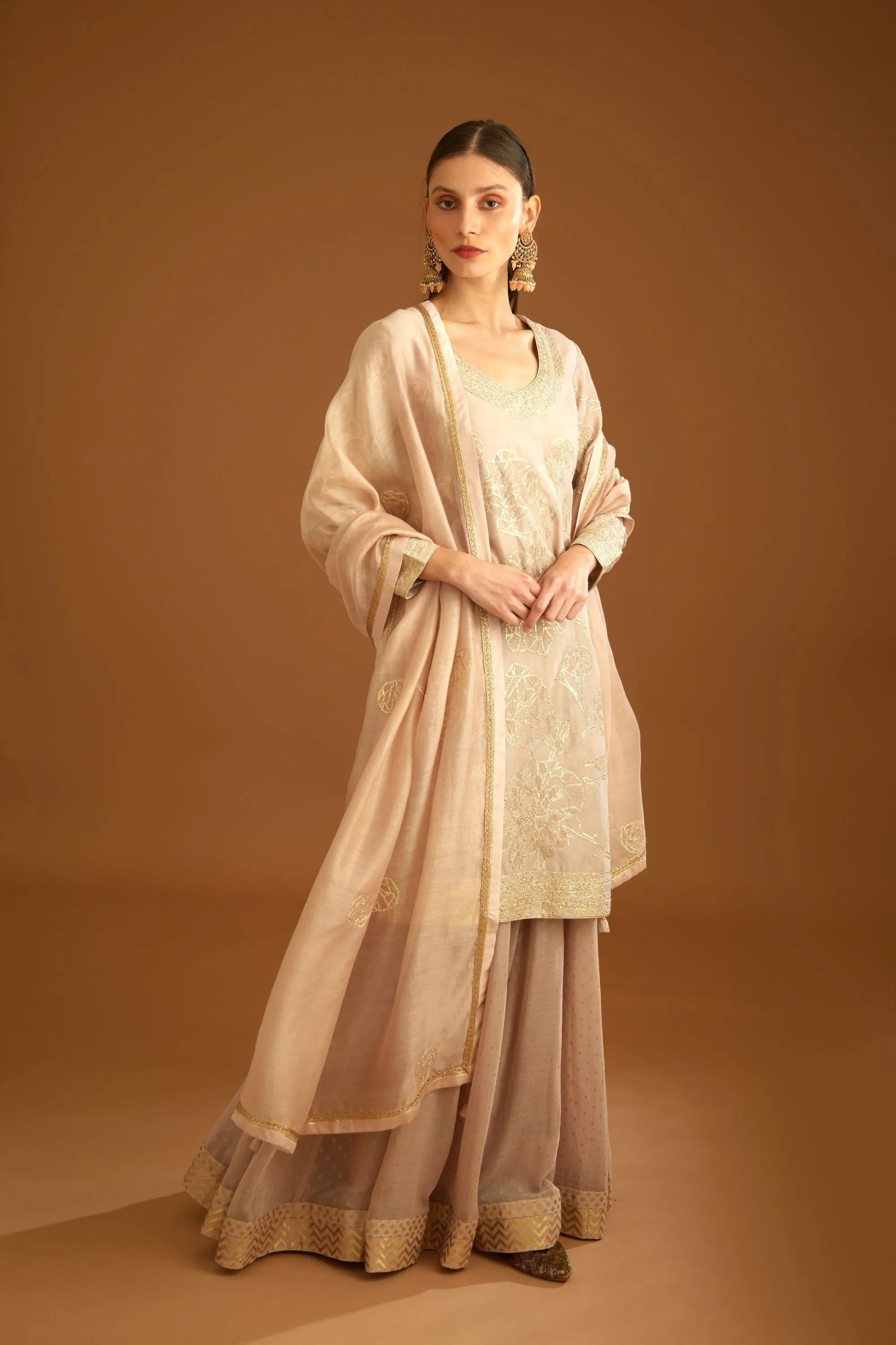 Neutral embroidered sharara set