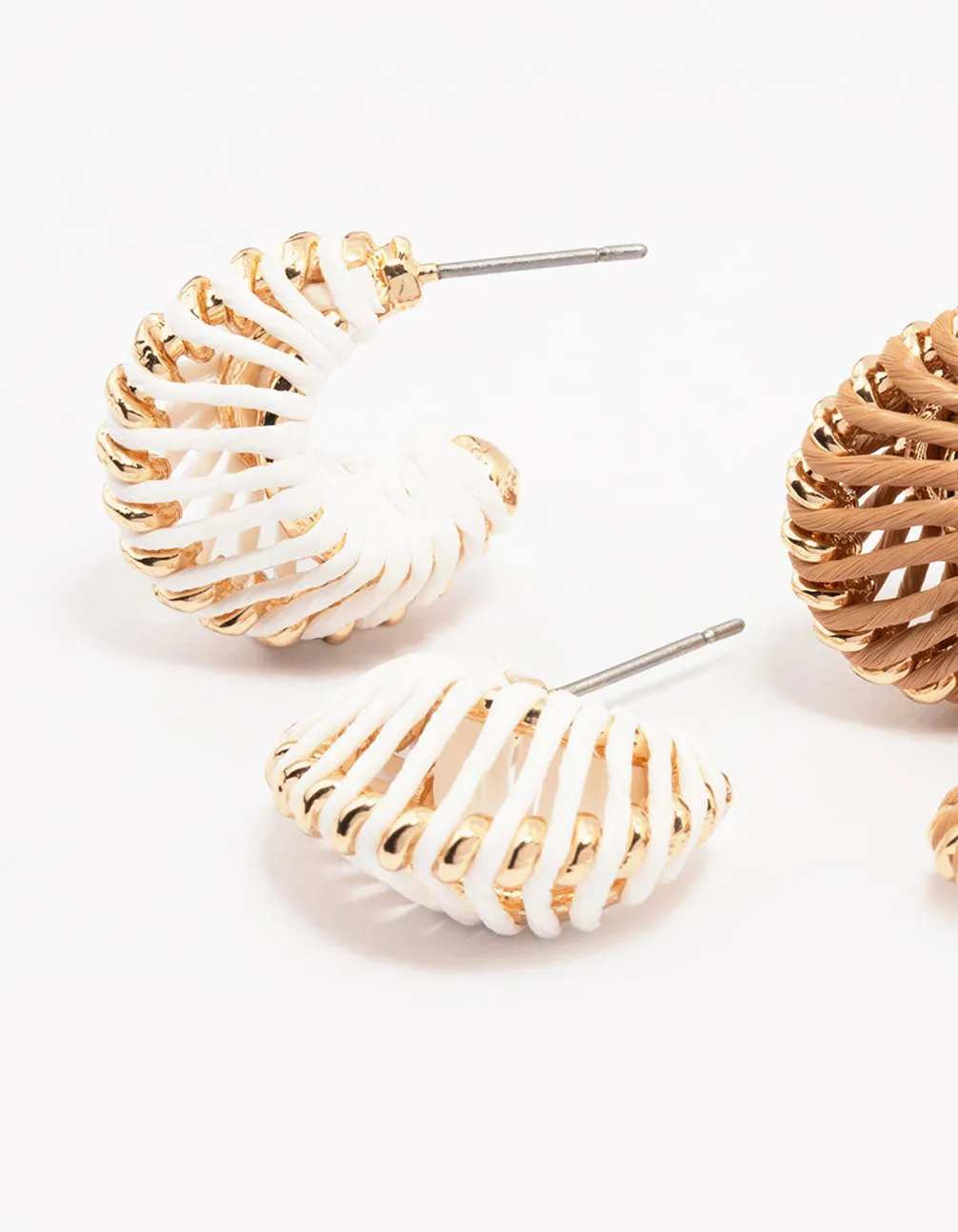 Neutral Raffia Wrapped Huggie Hoop Earring Pack
