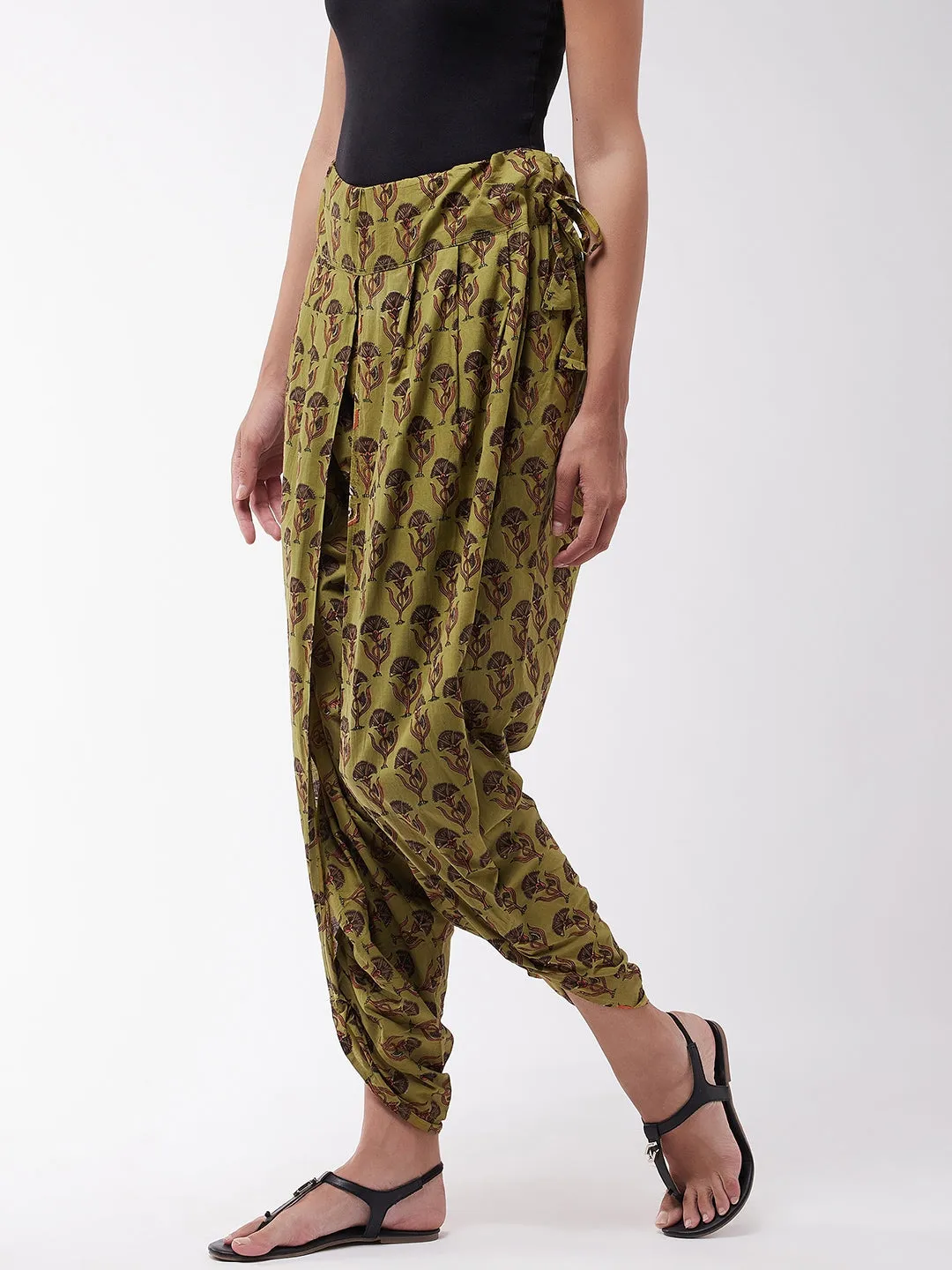 Olive Cotton Printed Dhoti