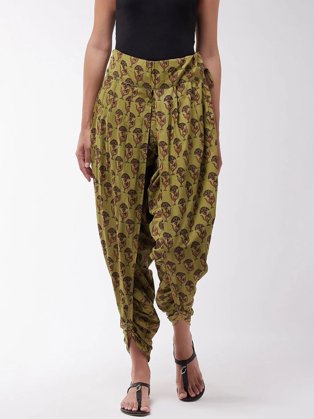 Olive Cotton Printed Dhoti
