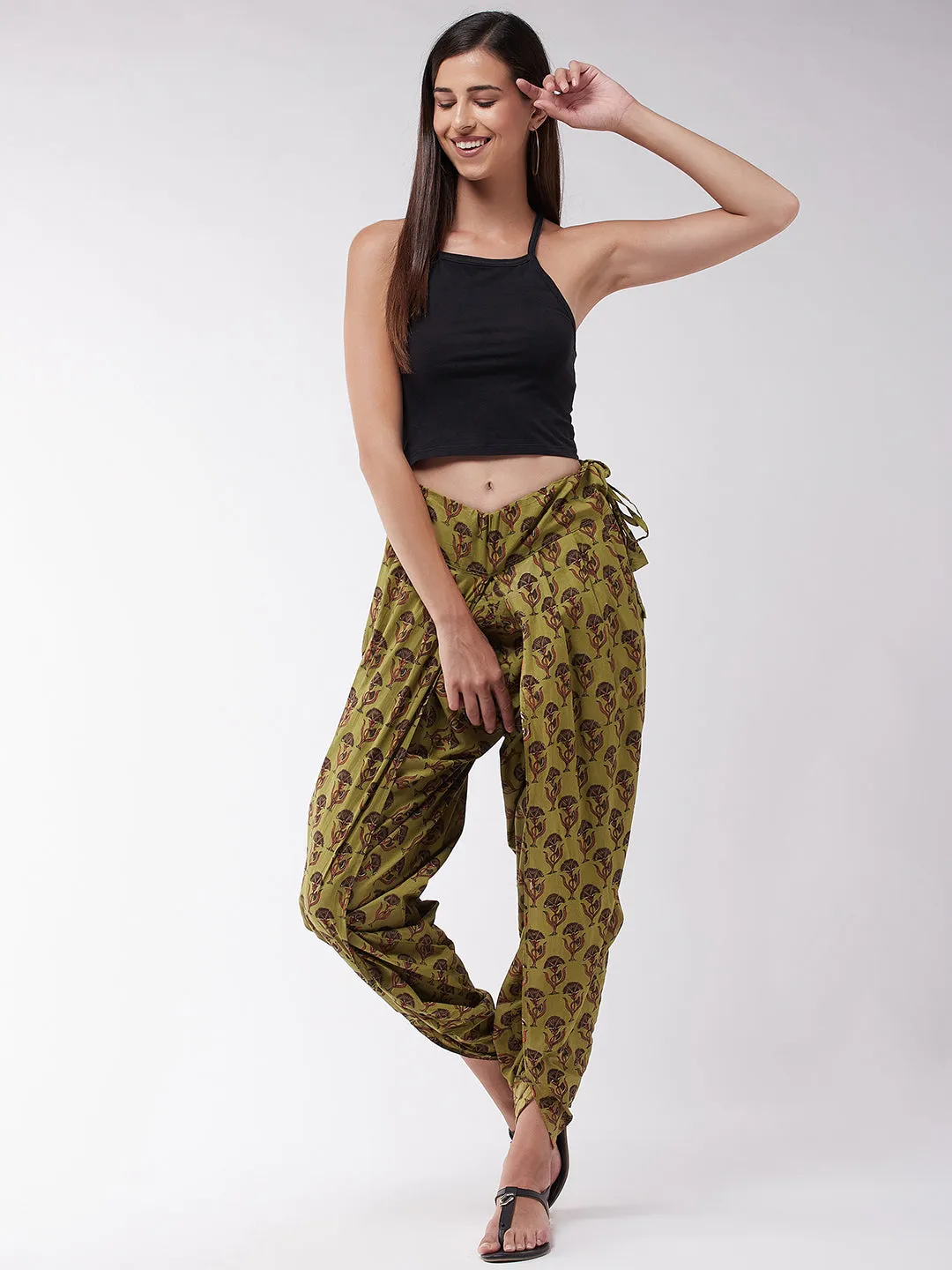 Olive Cotton Printed Dhoti