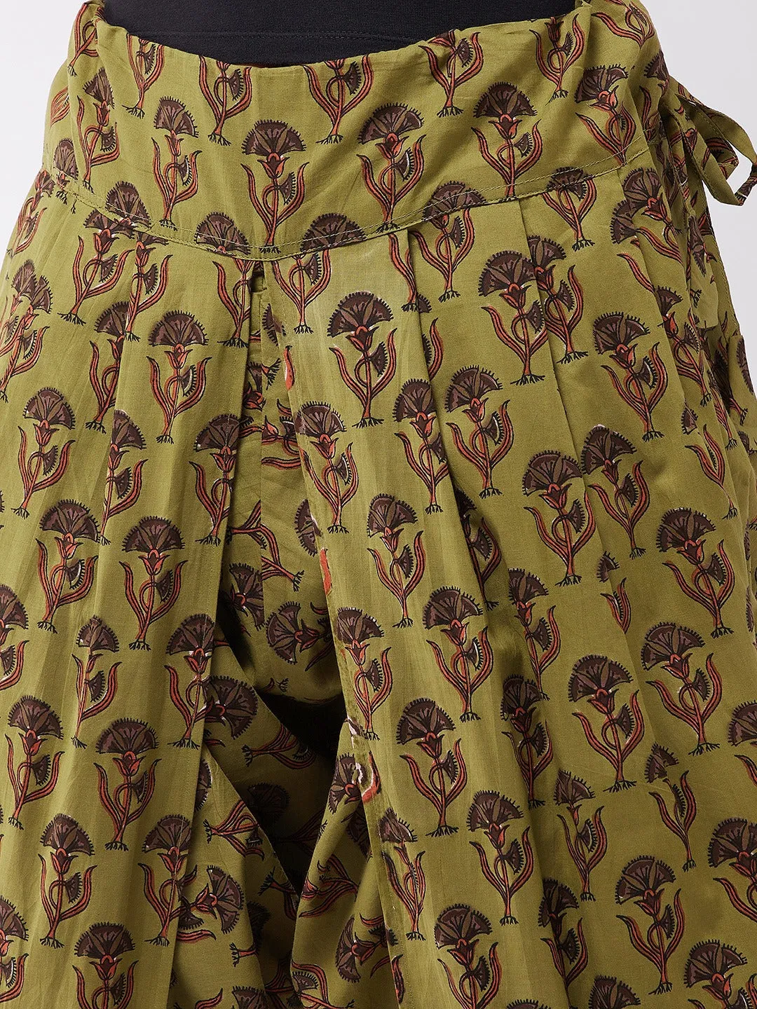 Olive Cotton Printed Dhoti