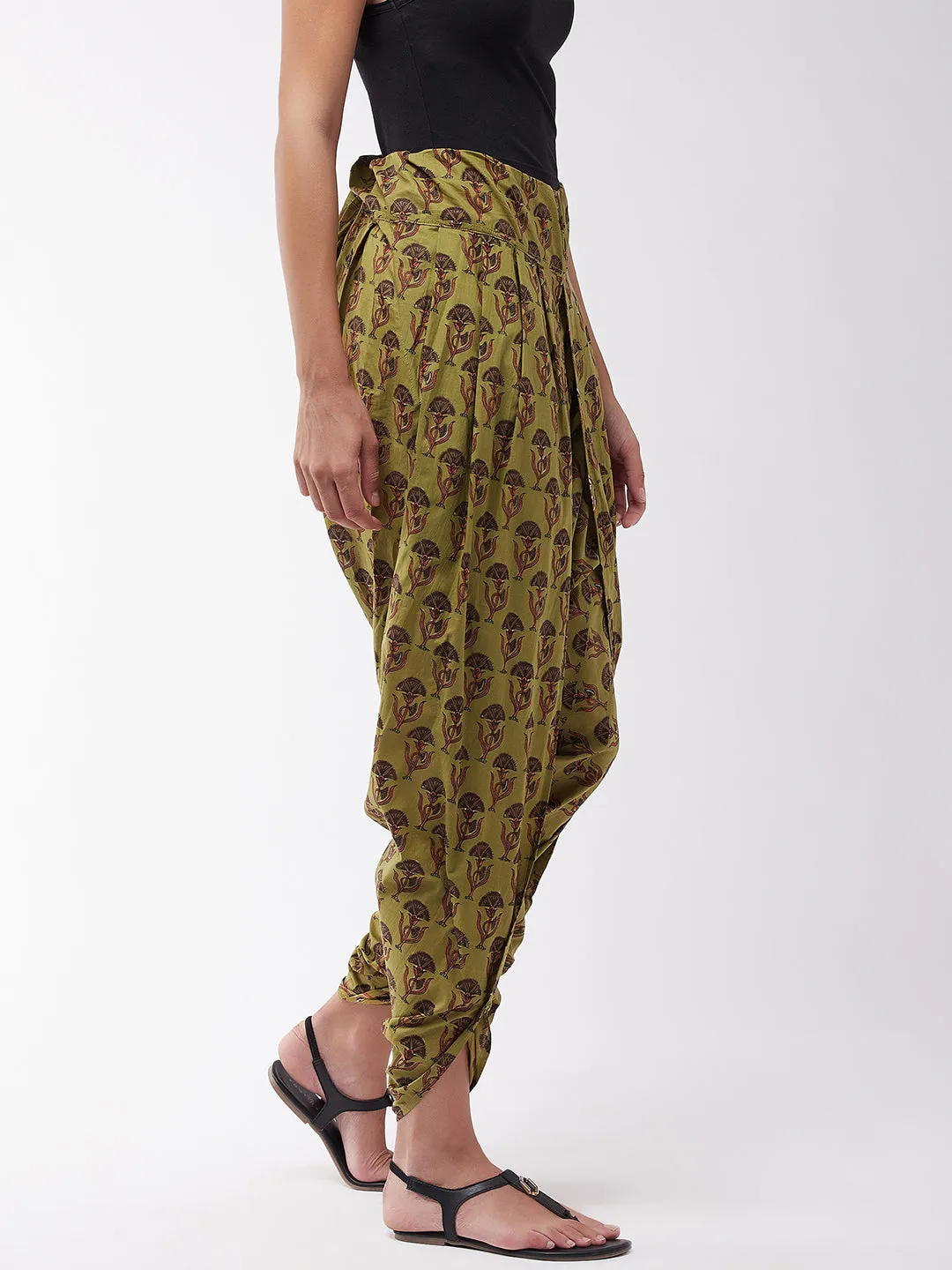 Olive Cotton Printed Dhoti