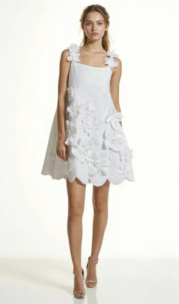 PATCHWORK APPLIQUES CAMISOLE DRESS IN WHITE