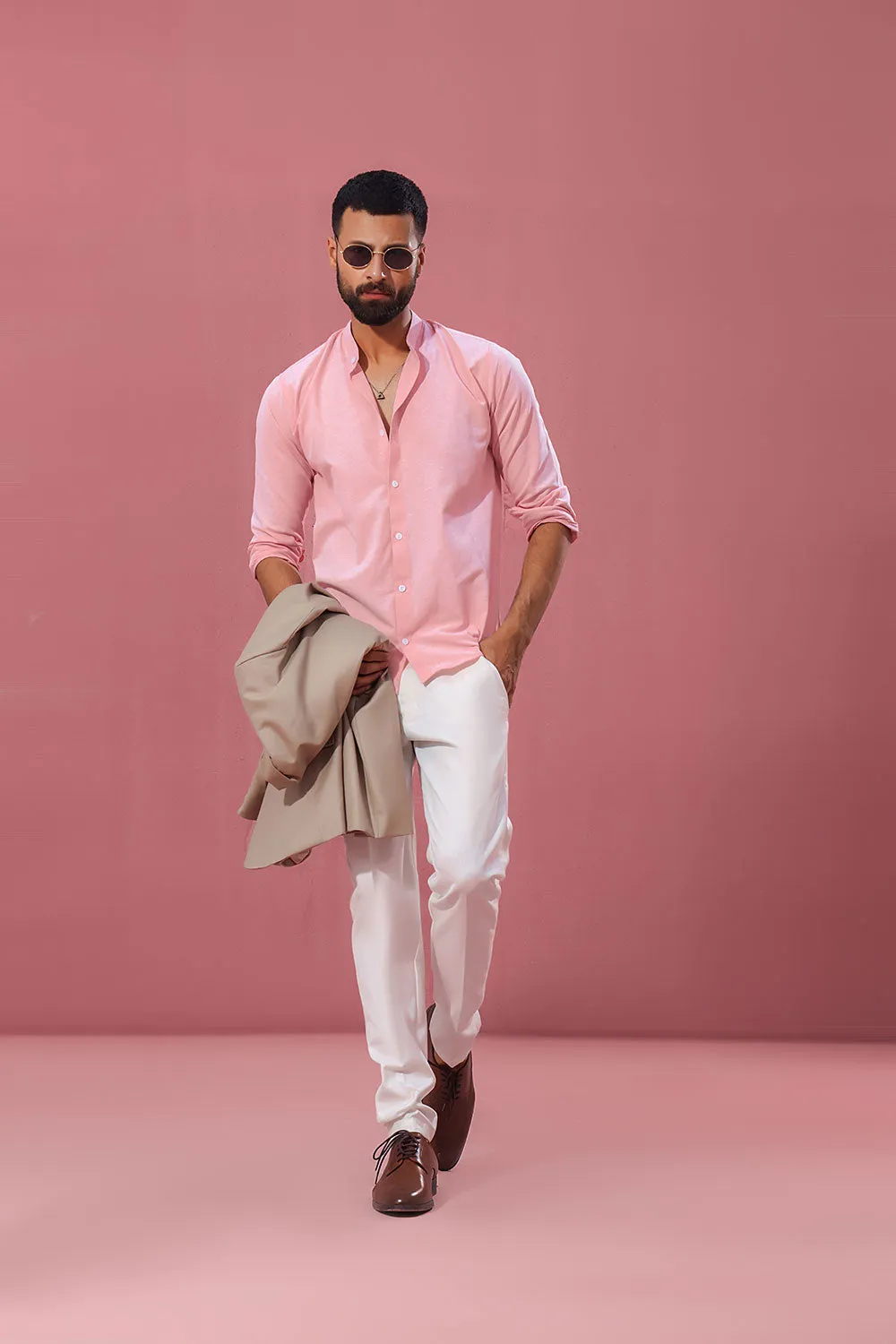 Peach Linen With Stand-Up Collar Shirt