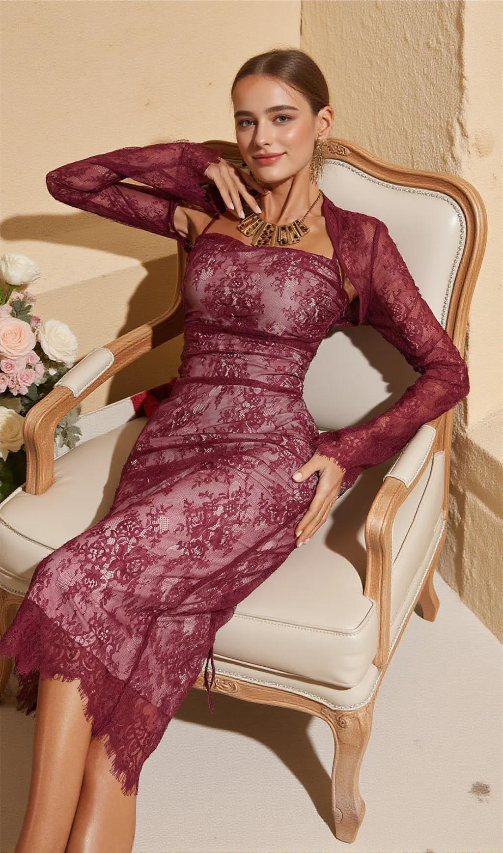 Pepita Spaghetti Lace Midi Dress With Shrug