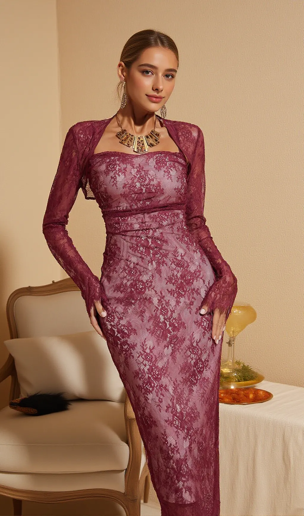 Pepita Spaghetti Lace Midi Dress With Shrug