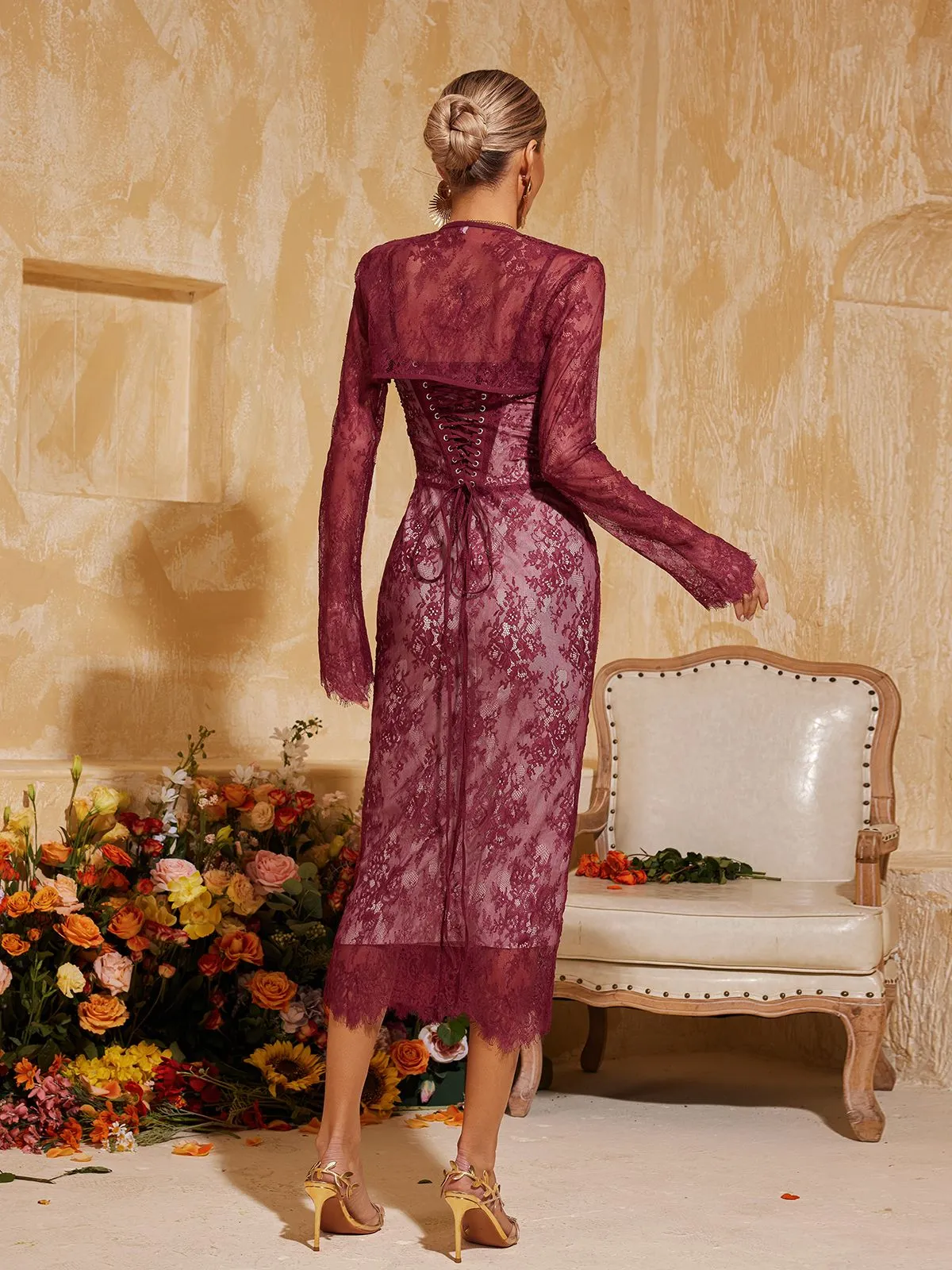 Pepita Spaghetti Lace Midi Dress With Shrug