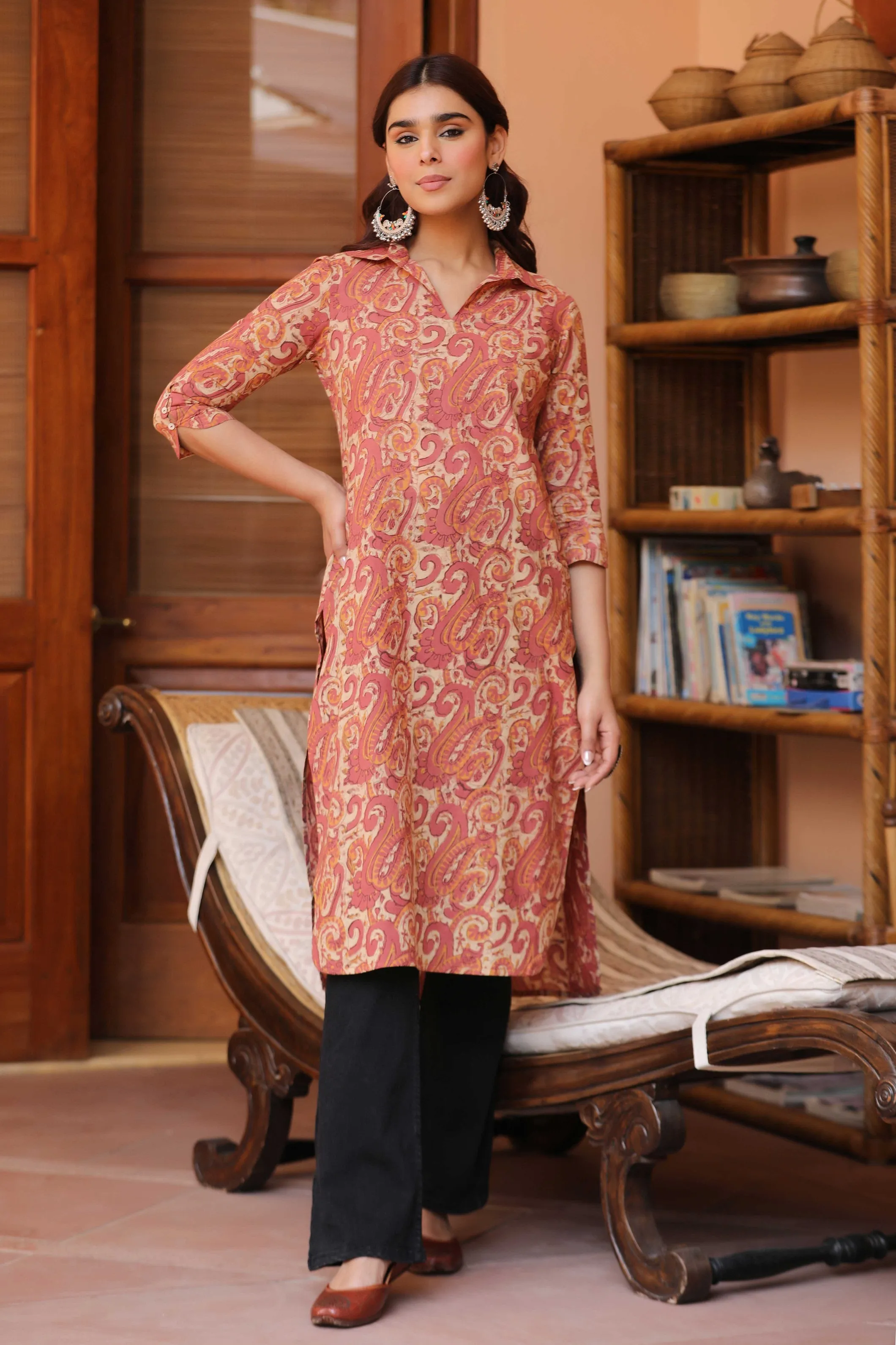 Pink Cotton Pure Hand Block Printed Ready-To-Wear Long Kurta