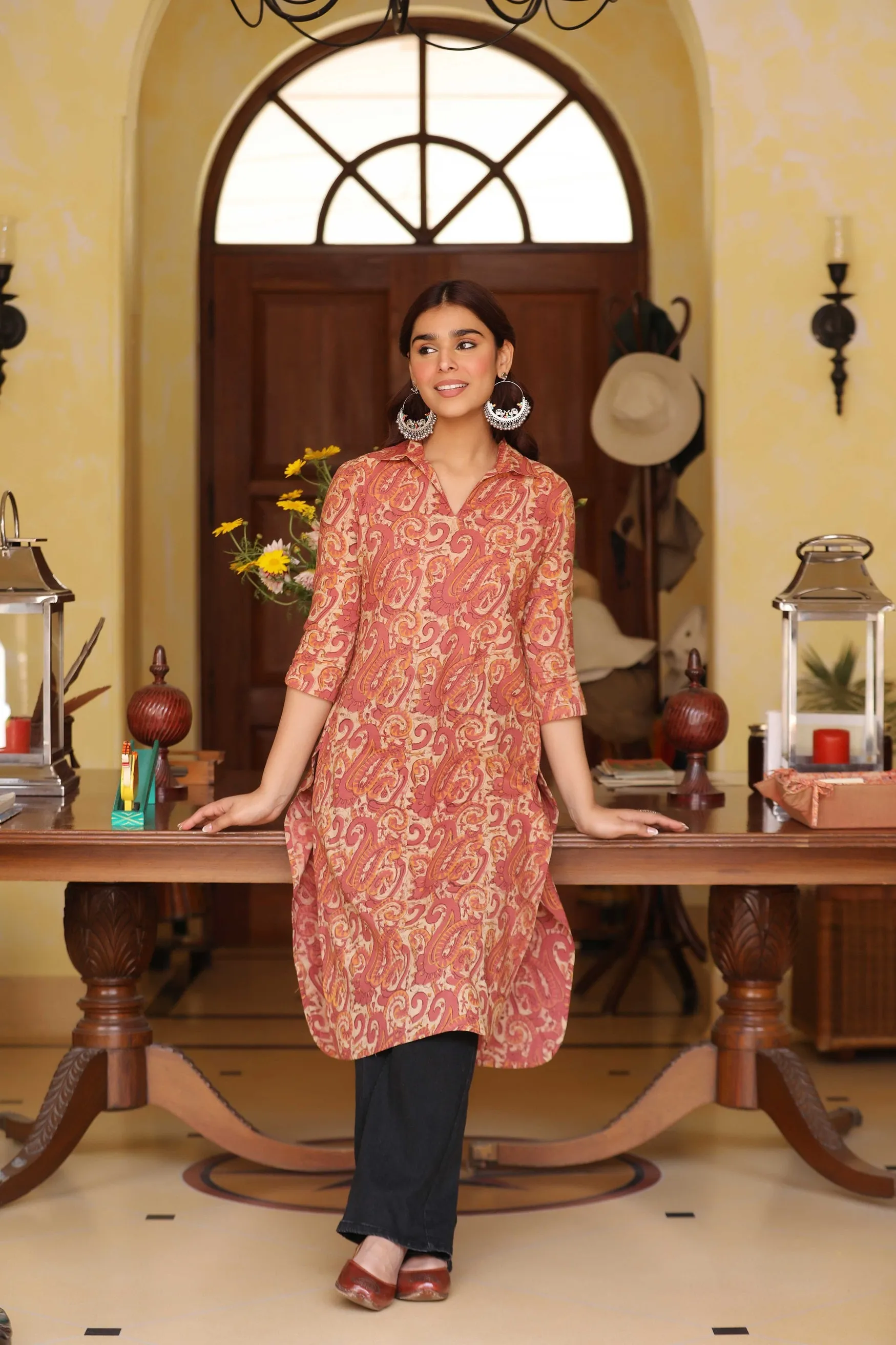 Pink Cotton Pure Hand Block Printed Ready-To-Wear Long Kurta