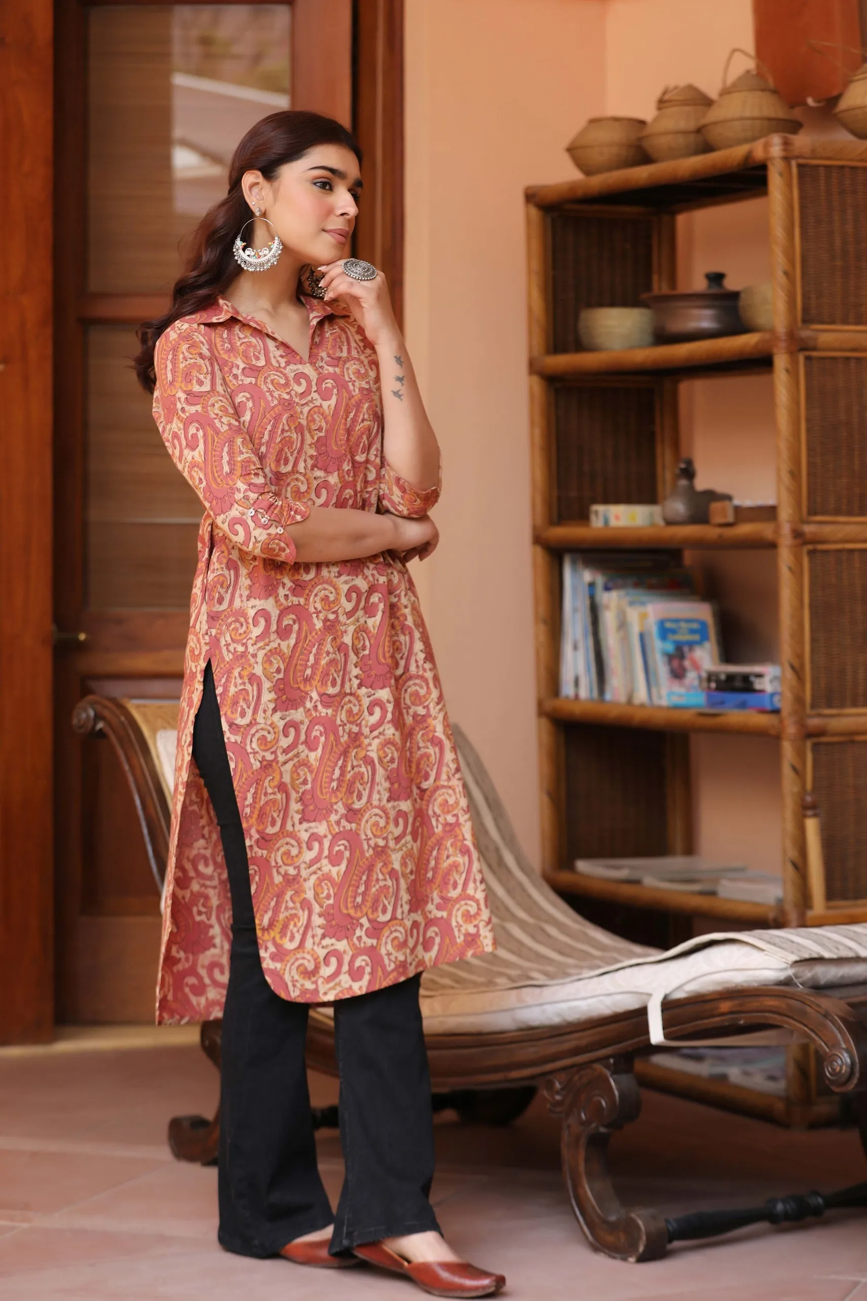 Pink Cotton Pure Hand Block Printed Ready-To-Wear Long Kurta