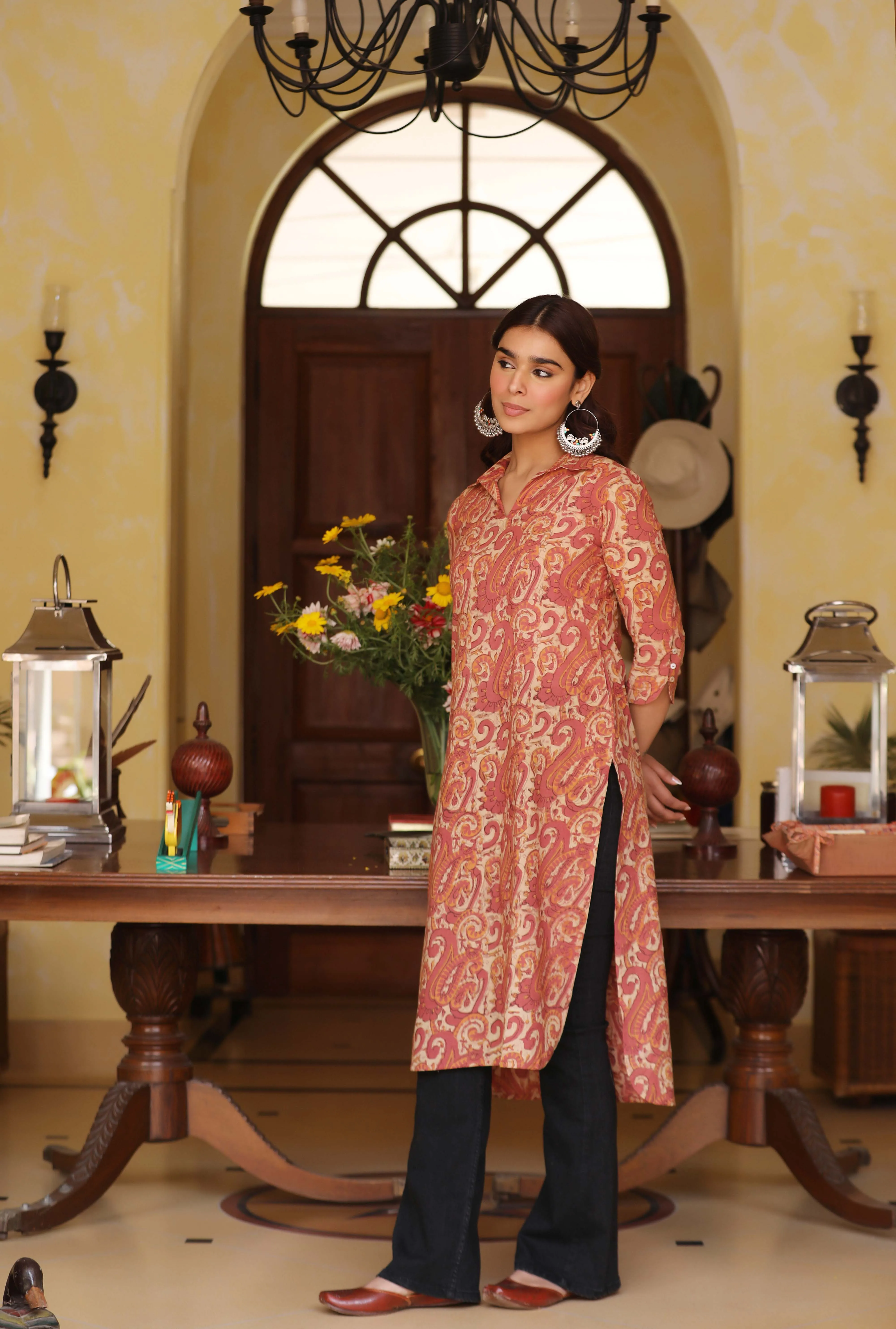 Pink Cotton Pure Hand Block Printed Ready-To-Wear Long Kurta