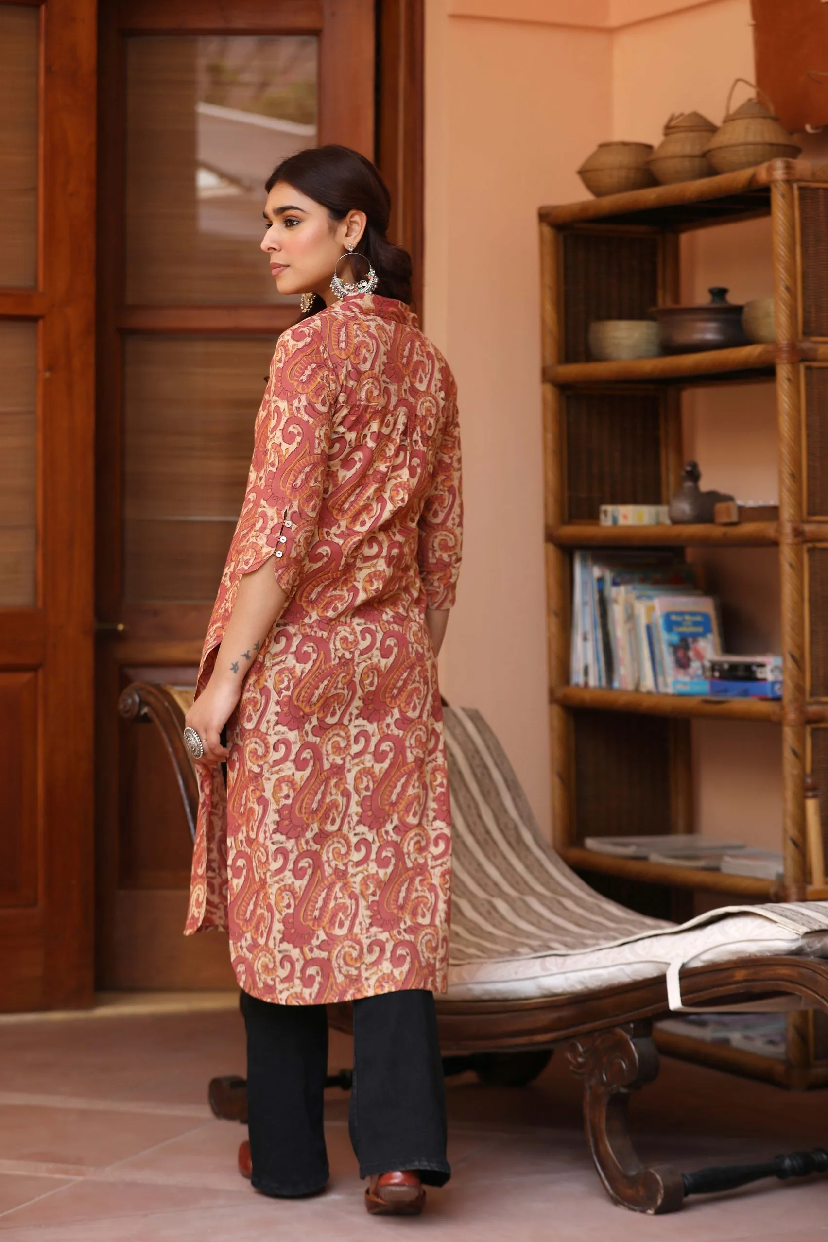 Pink Cotton Pure Hand Block Printed Ready-To-Wear Long Kurta