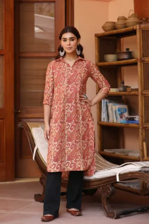 Pink Cotton Pure Hand Block Printed Ready-To-Wear Long Kurta