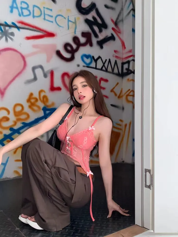 Pink lace suspender  KF705811
