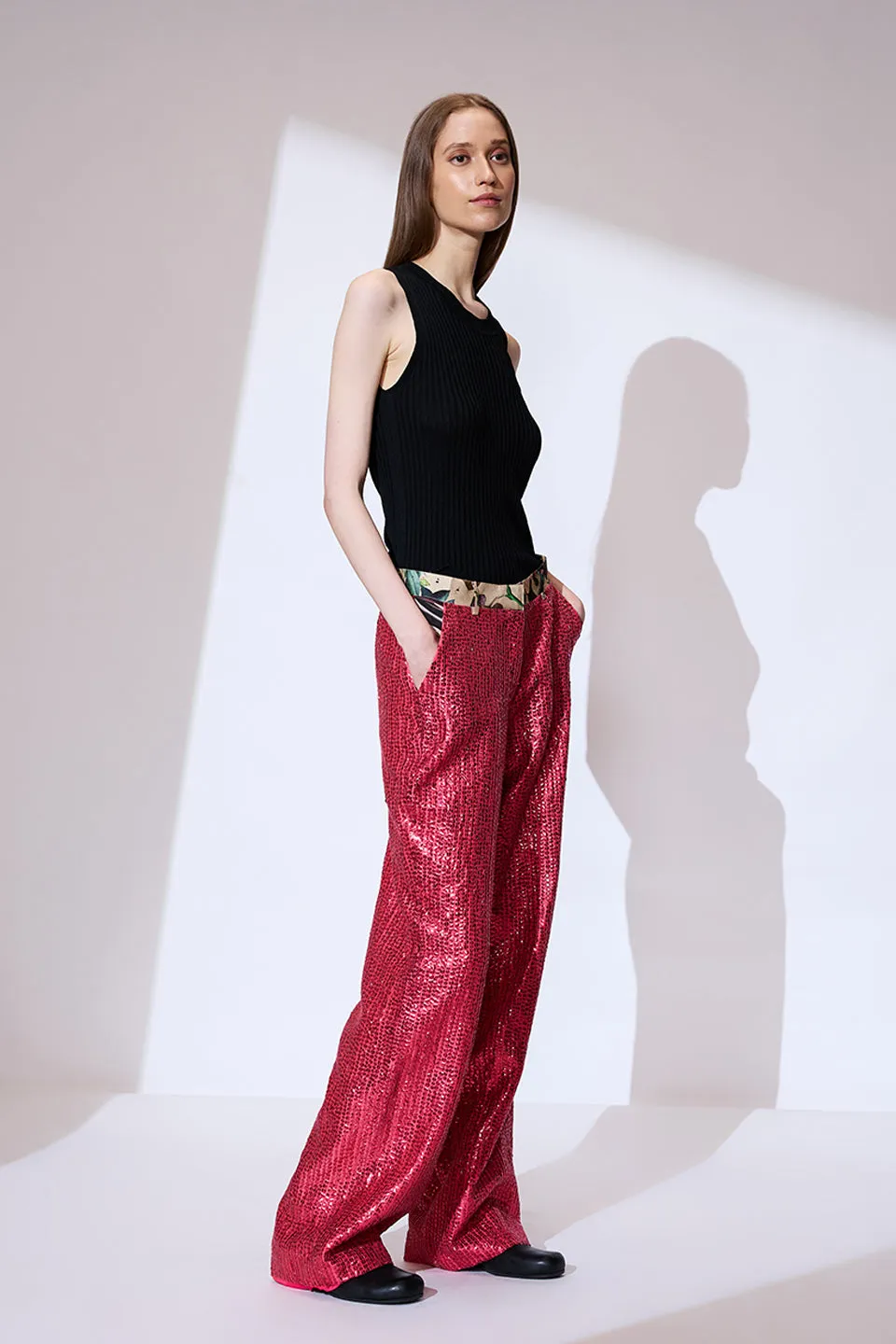 Pink sequin embroidered pants