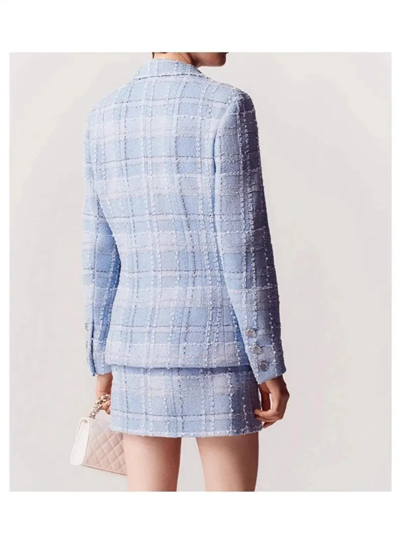 Plaid Double Breasted Tweed blazer in blue