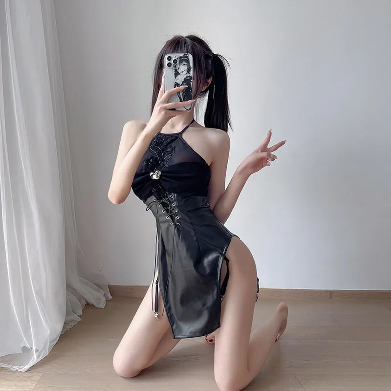 pu suspender skirt  KF70246