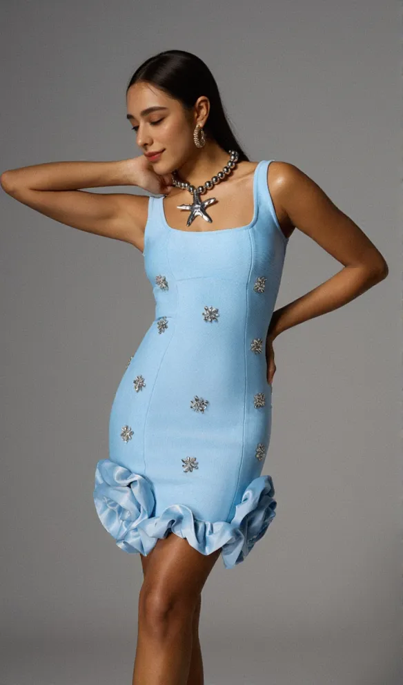 rachel Rhinestone Flower Bandage Mini Dress in blue