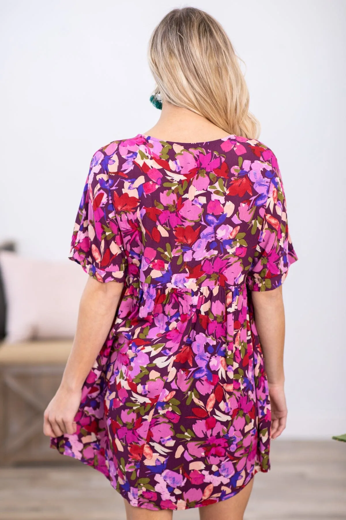 Raspberry Multicolor Floral Print V-Neck Dress