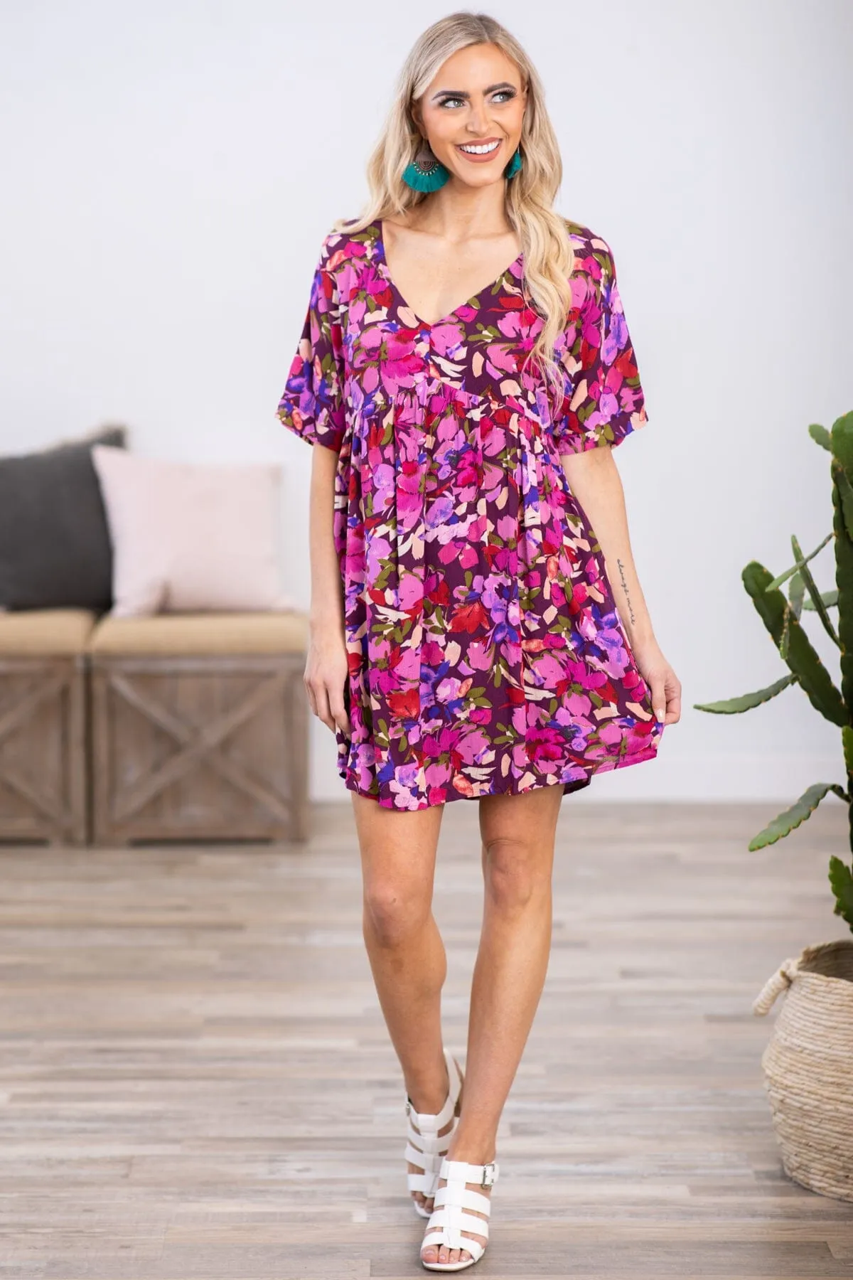 Raspberry Multicolor Floral Print V-Neck Dress
