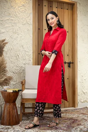 Red With Black Cotton Dobby Ready-To-Wear Kurta With Hand Block Printed Pant