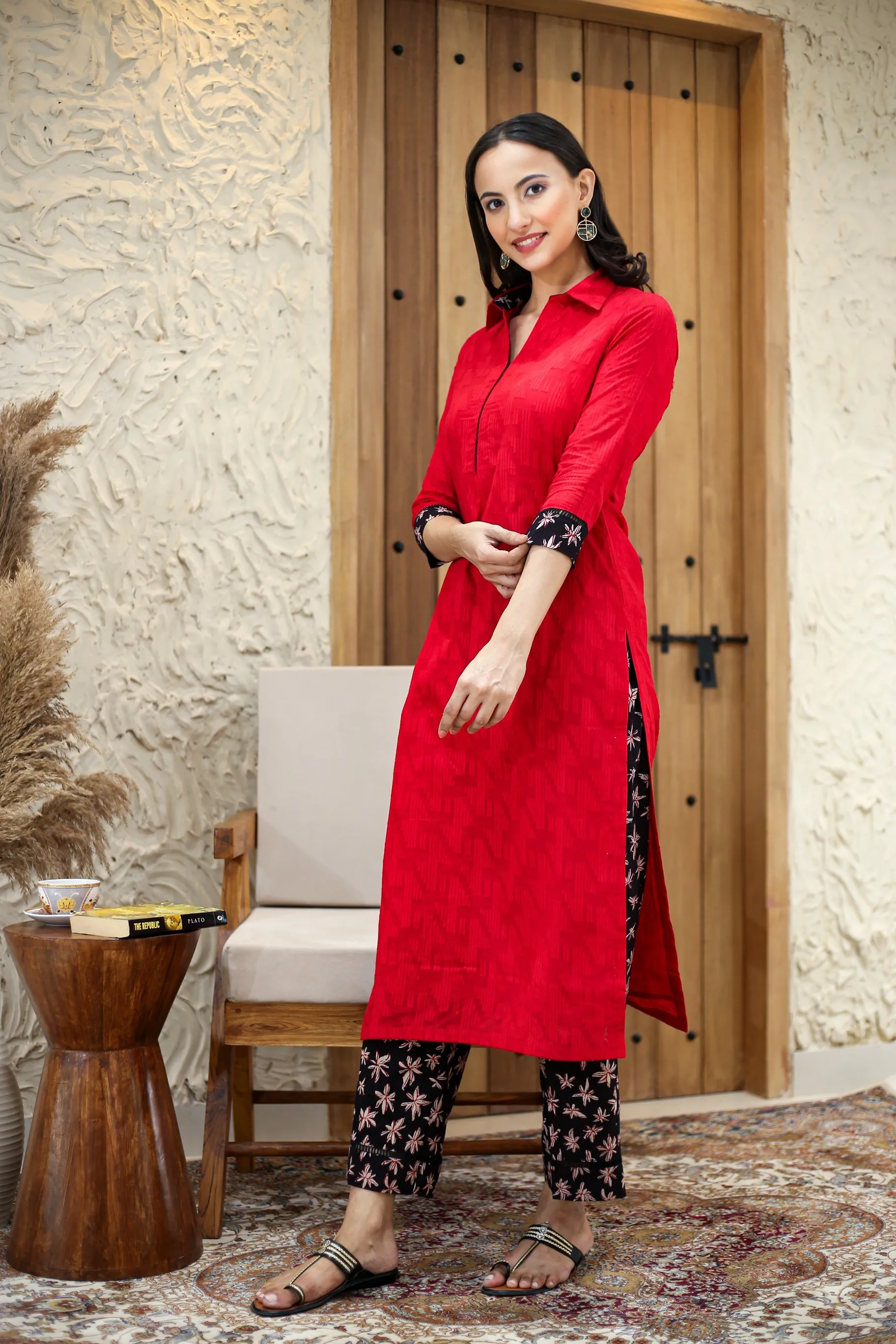 Red With Black Cotton Dobby Ready-To-Wear Kurta With Hand Block Printed Pant