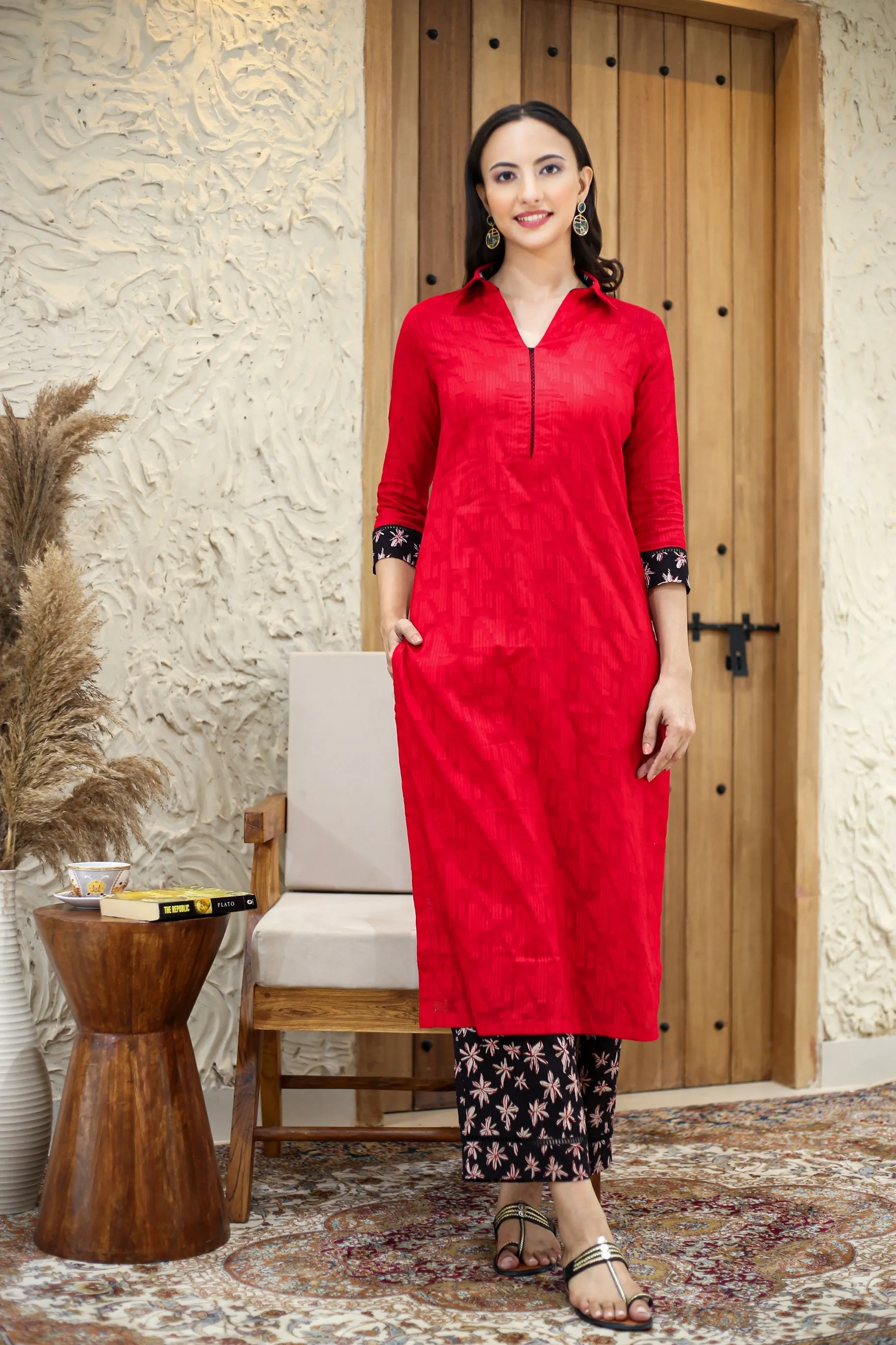 Red With Black Cotton Dobby Ready-To-Wear Kurta With Hand Block Printed Pant