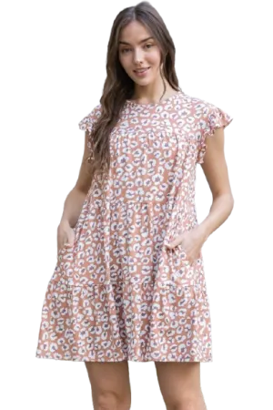 Ruffle Sleeve Side Pocket Printed Tiered Mini Dress Mauve Light - Pack of 6