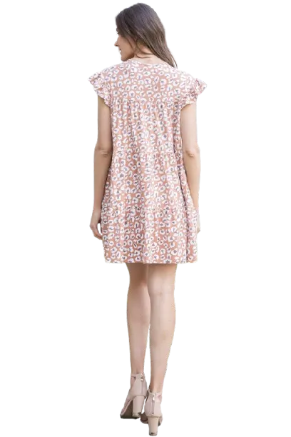 Ruffle Sleeve Side Pocket Printed Tiered Mini Dress Mauve Light - Pack of 6