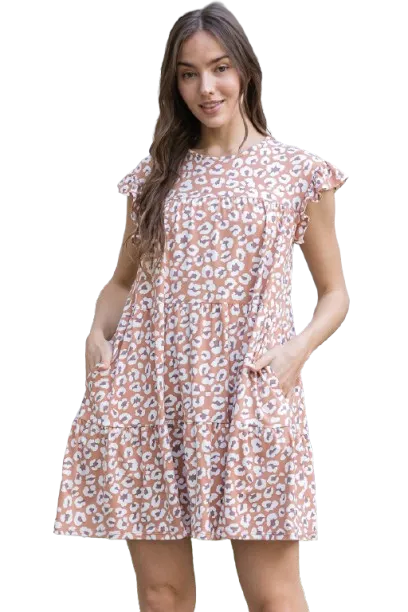 Ruffle Sleeve Side Pocket Printed Tiered Mini Dress Mauve Light - Pack of 6
