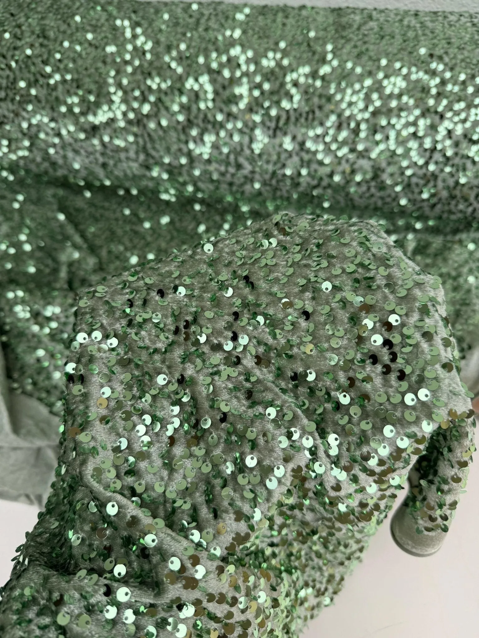Sage Green Sequins on Sage Velvet Fabric by Yard, Green Sequin Material for Dresses Gowns, Curtains Bows, Bridal Backdrops DYI Crafts Fabric
