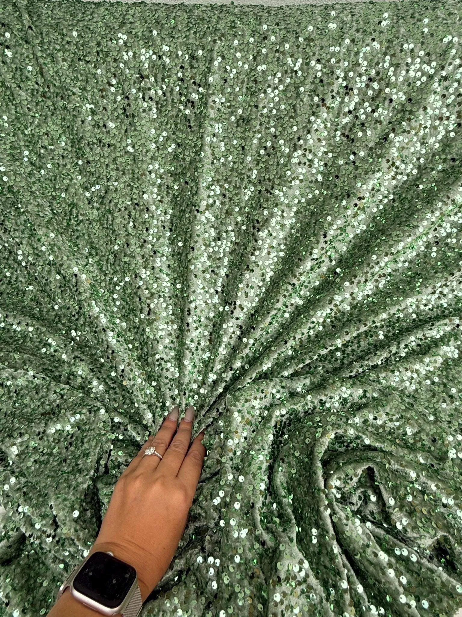 Sage Green Sequins on Sage Velvet Fabric by Yard, Green Sequin Material for Dresses Gowns, Curtains Bows, Bridal Backdrops DYI Crafts Fabric