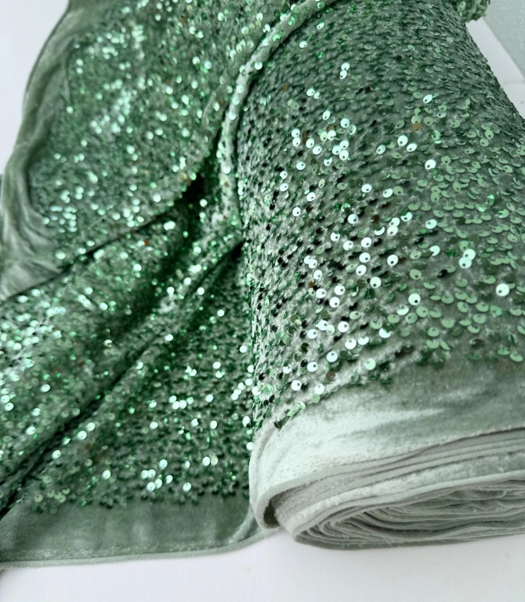 Sage Green Sequins on Sage Velvet Fabric by Yard, Green Sequin Material for Dresses Gowns, Curtains Bows, Bridal Backdrops DYI Crafts Fabric