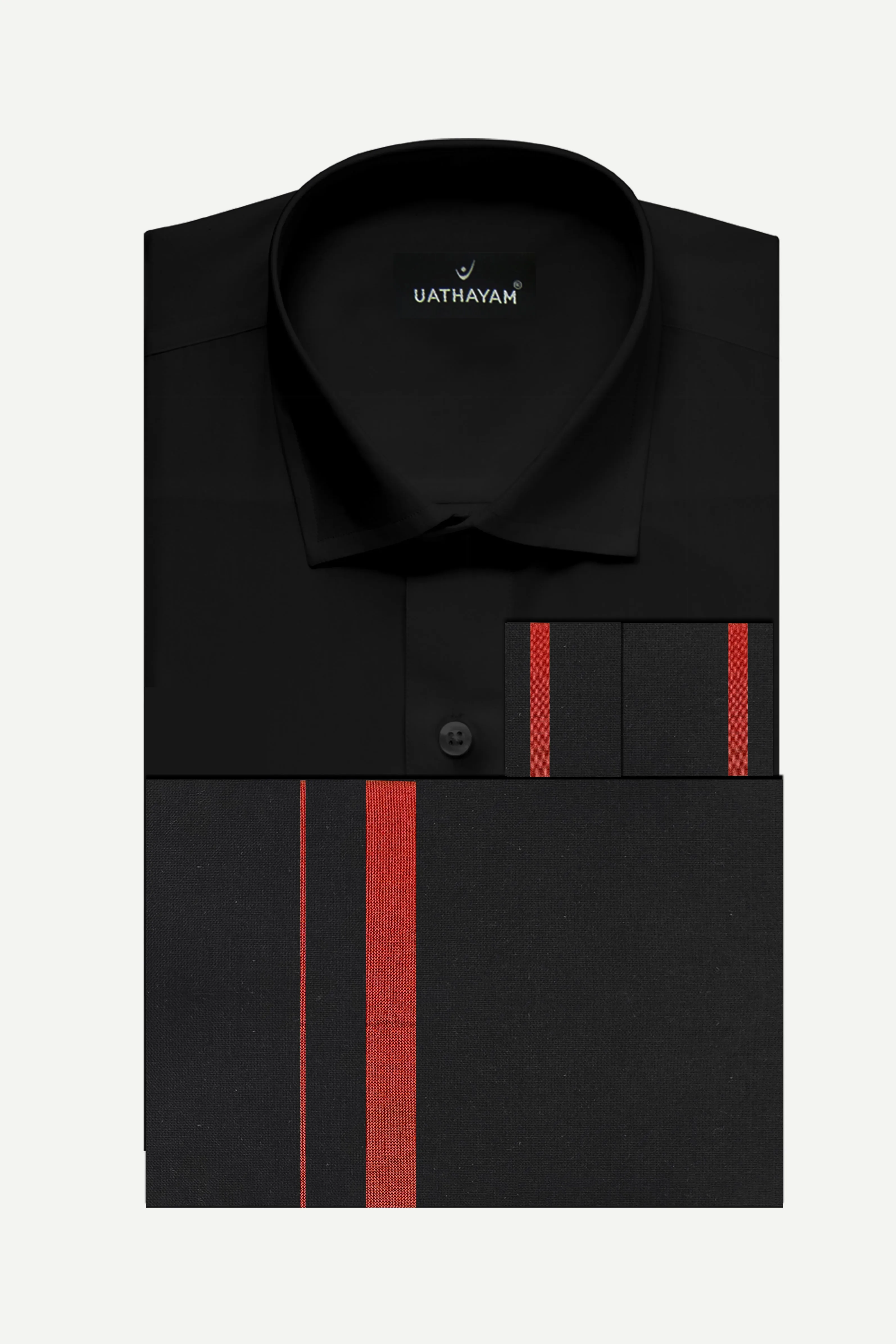 Saranam Set - Black Shirt and Black Dhoti with Red Border 3-in-1 Devotional Set for Men | Uathayam