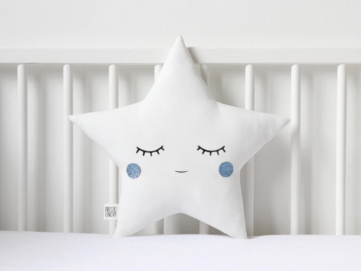 Set of 2 White Pillows - Crescent Moon and Star Pillows with Blue Touch