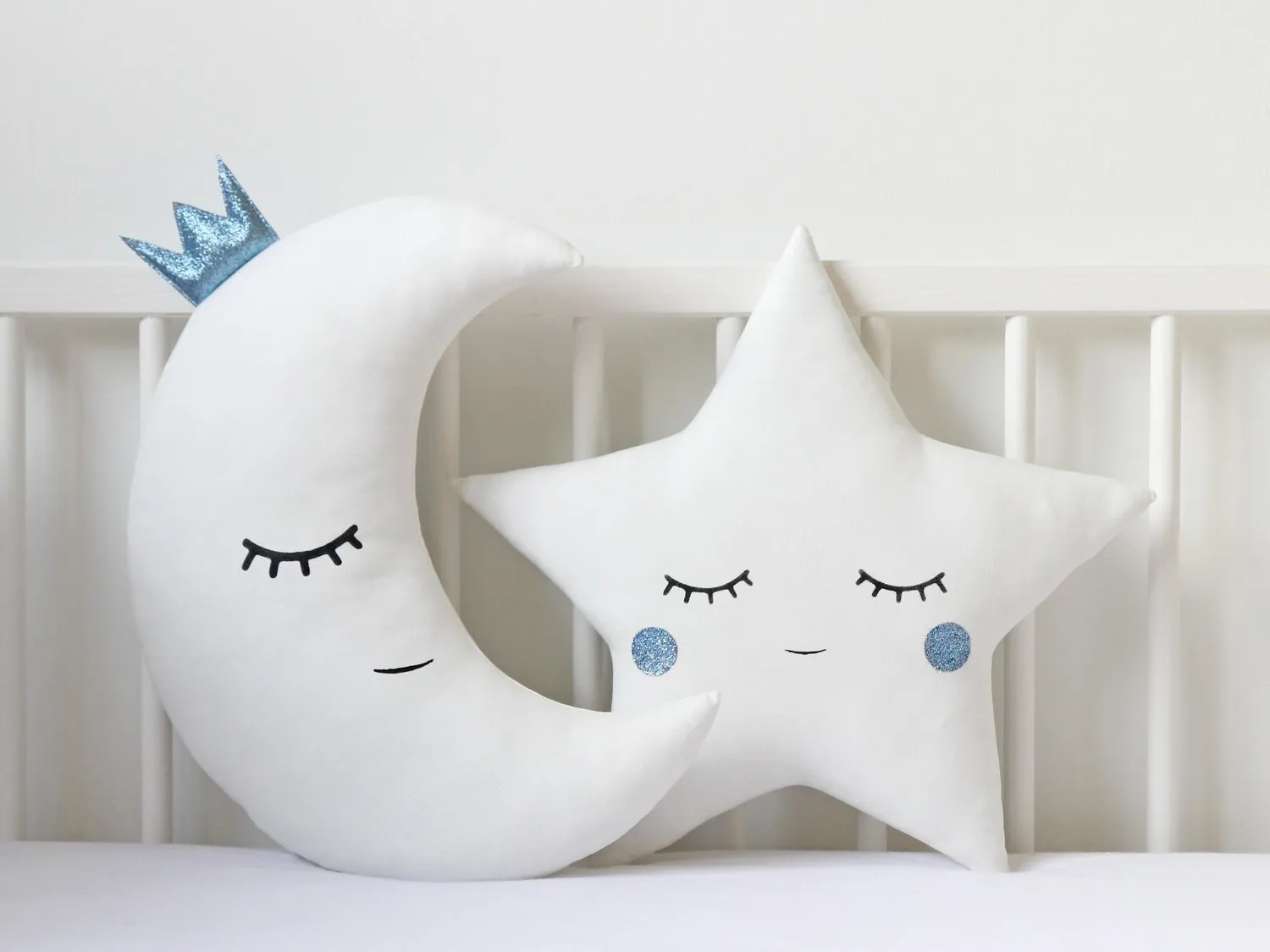 Set of 2 White Pillows - Crescent Moon and Star Pillows with Blue Touch
